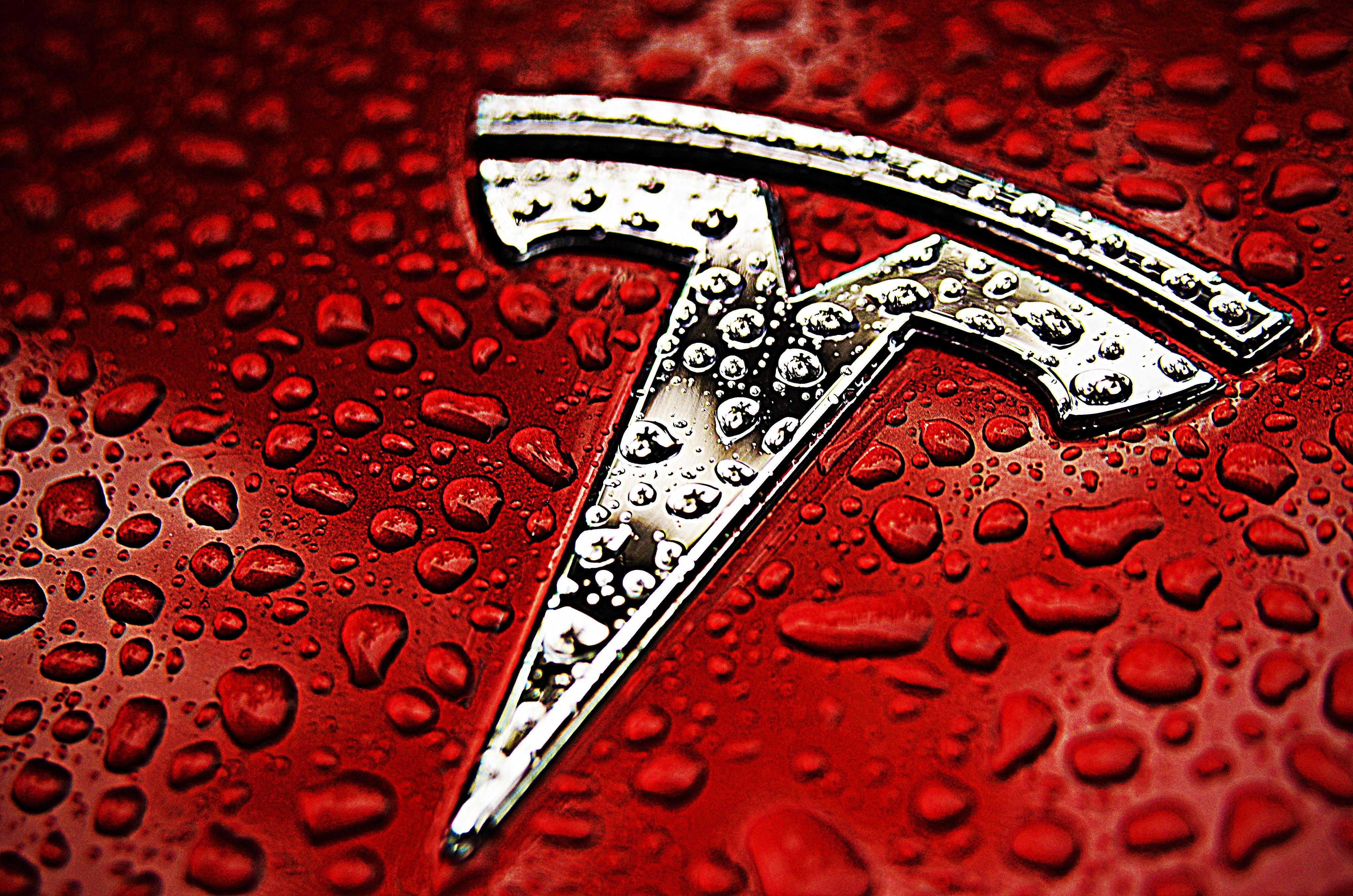 General 4096x2713 Tesla logo water drops car vehicle red cars