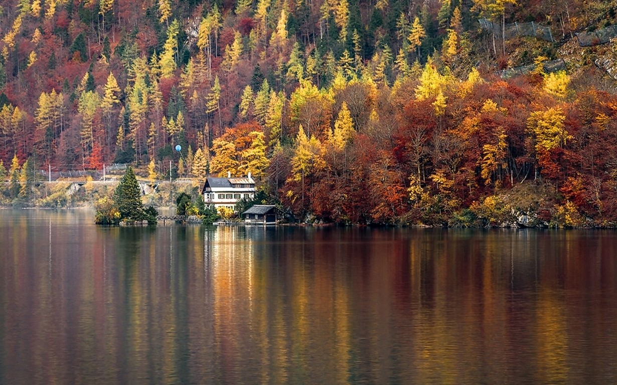 General 1230x768 nature landscape lake house forest Hallstatt Austria trees fall water colorful Market Town