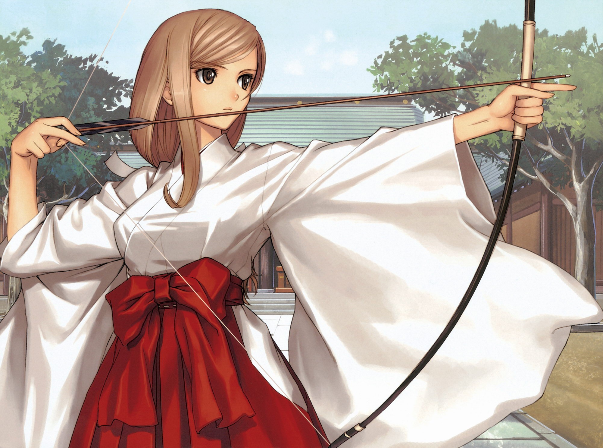 Anime 2002x1486 manga anime girls bow anime Tony Taka kimono bow and arrow brunette women miko