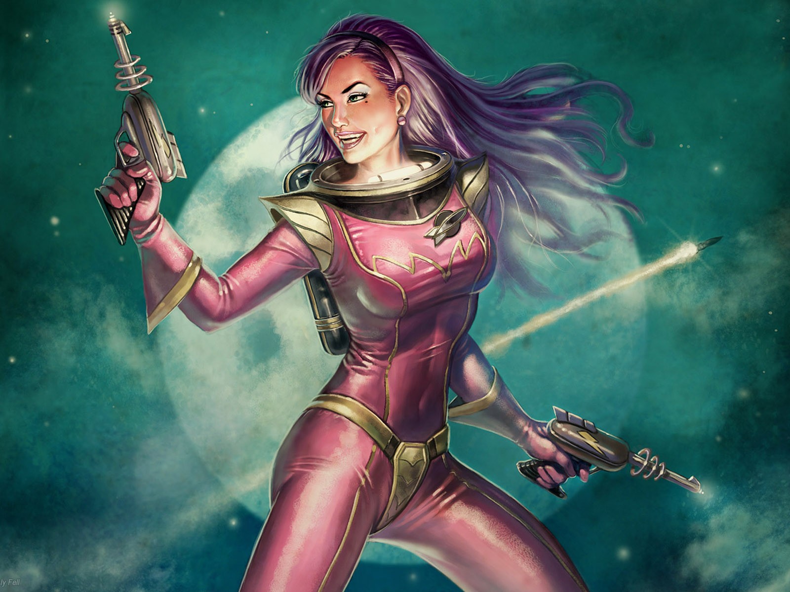 General 1600x1200 science fiction artwork women retro science fiction girls with guns Futuristic Weapons futuristic purple hair