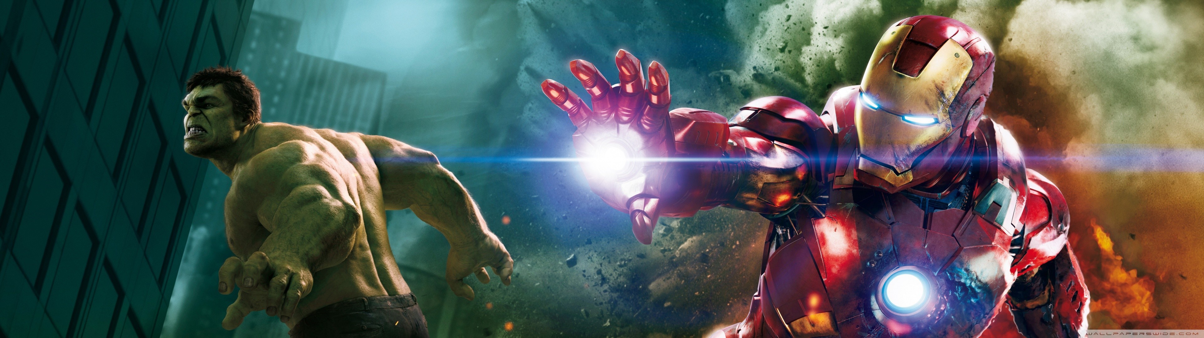 General 3840x1080 Iron Man Hulk Marvel Cinematic Universe armor explosion movies superhero