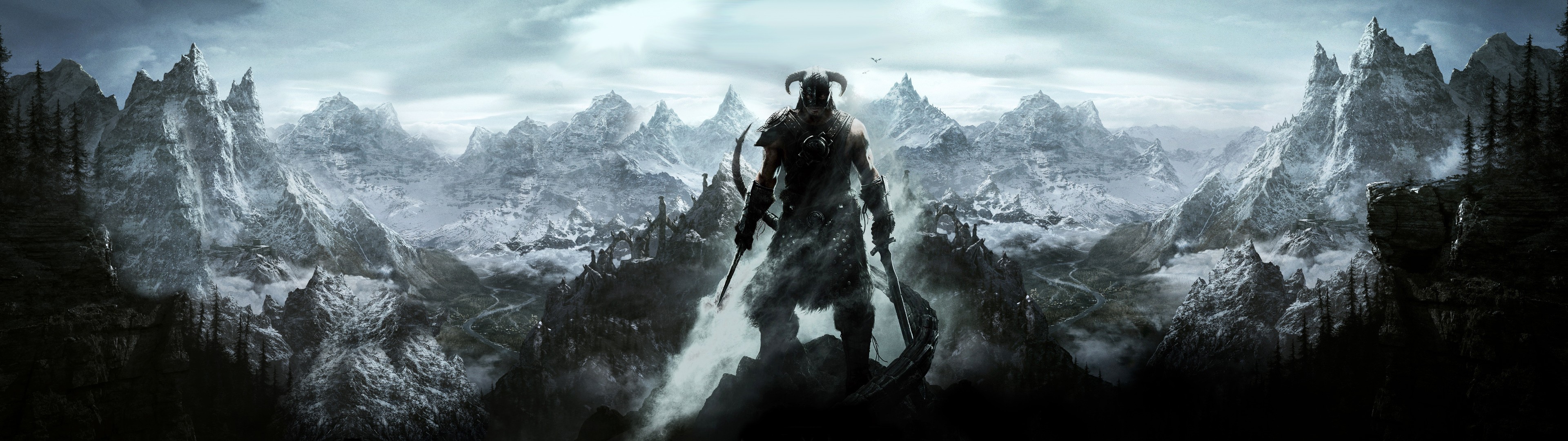 General 3840x1080 The Elder Scrolls V: Skyrim mountains snow fantasy art sword video games landscape PC gaming video game art snowy peak fantasy men
