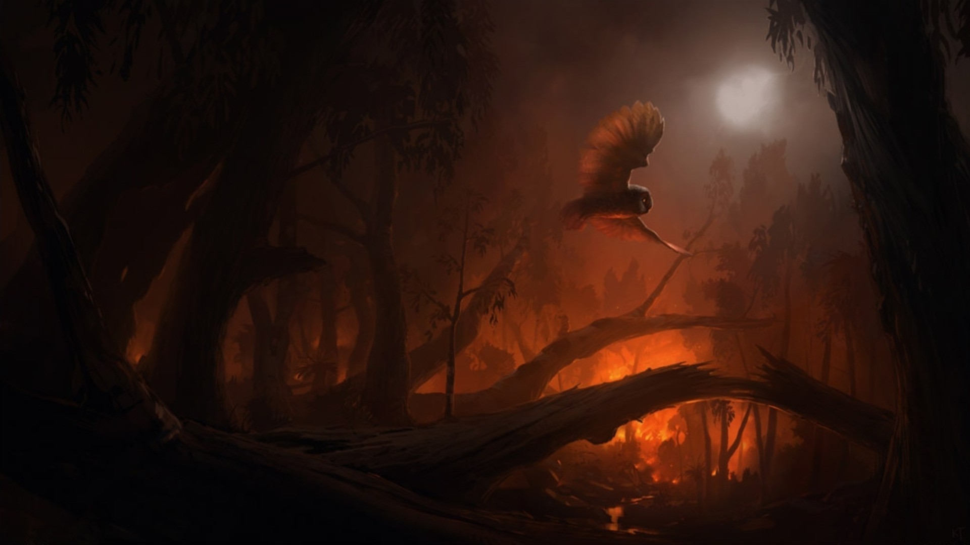 General 1920x1080 owl fire forest fantasy art animals burning nature dark trees flying digital art
