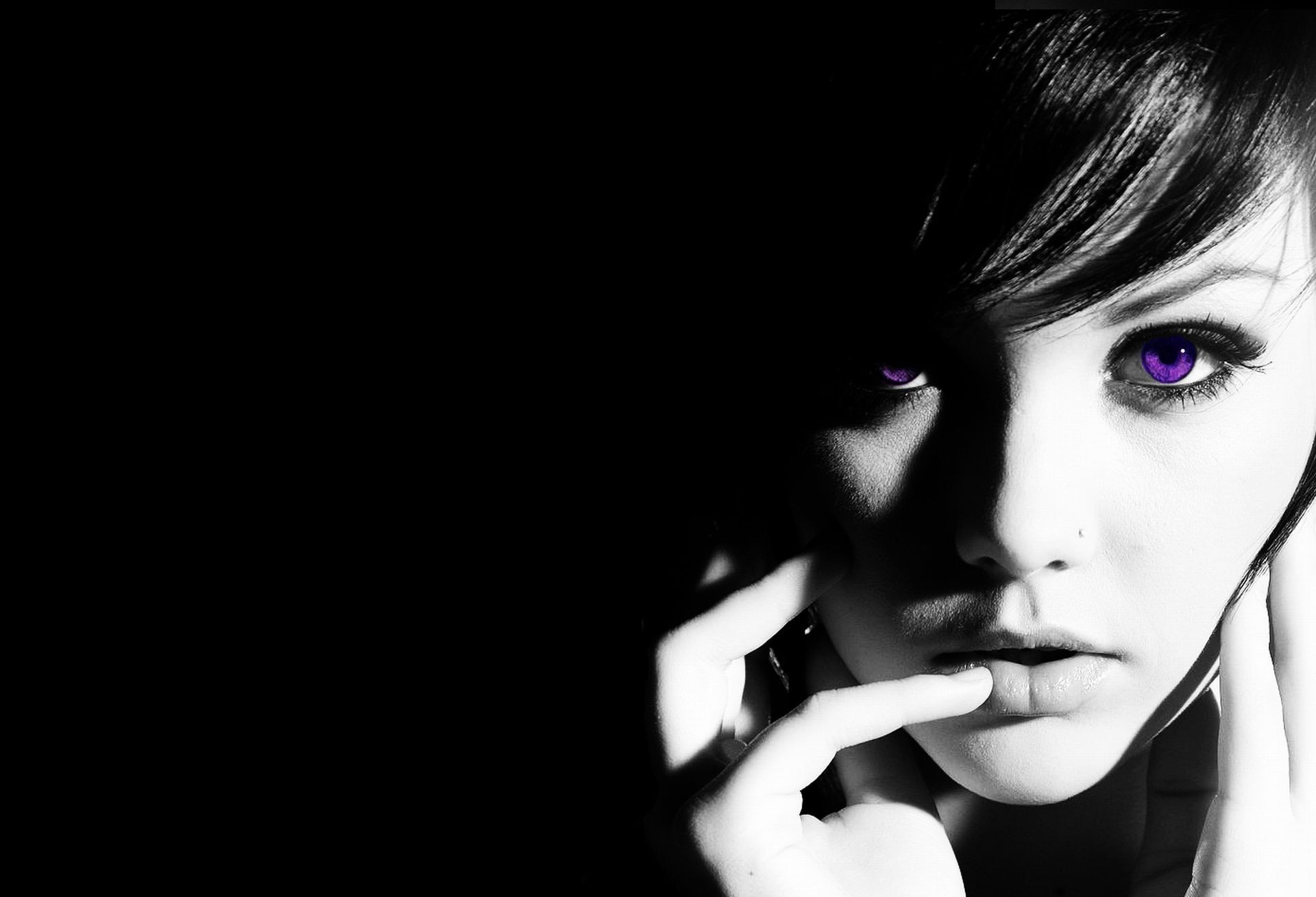 People 1920x1309 selective coloring purple eyes women face Melissa Clarke simple background black background portrait