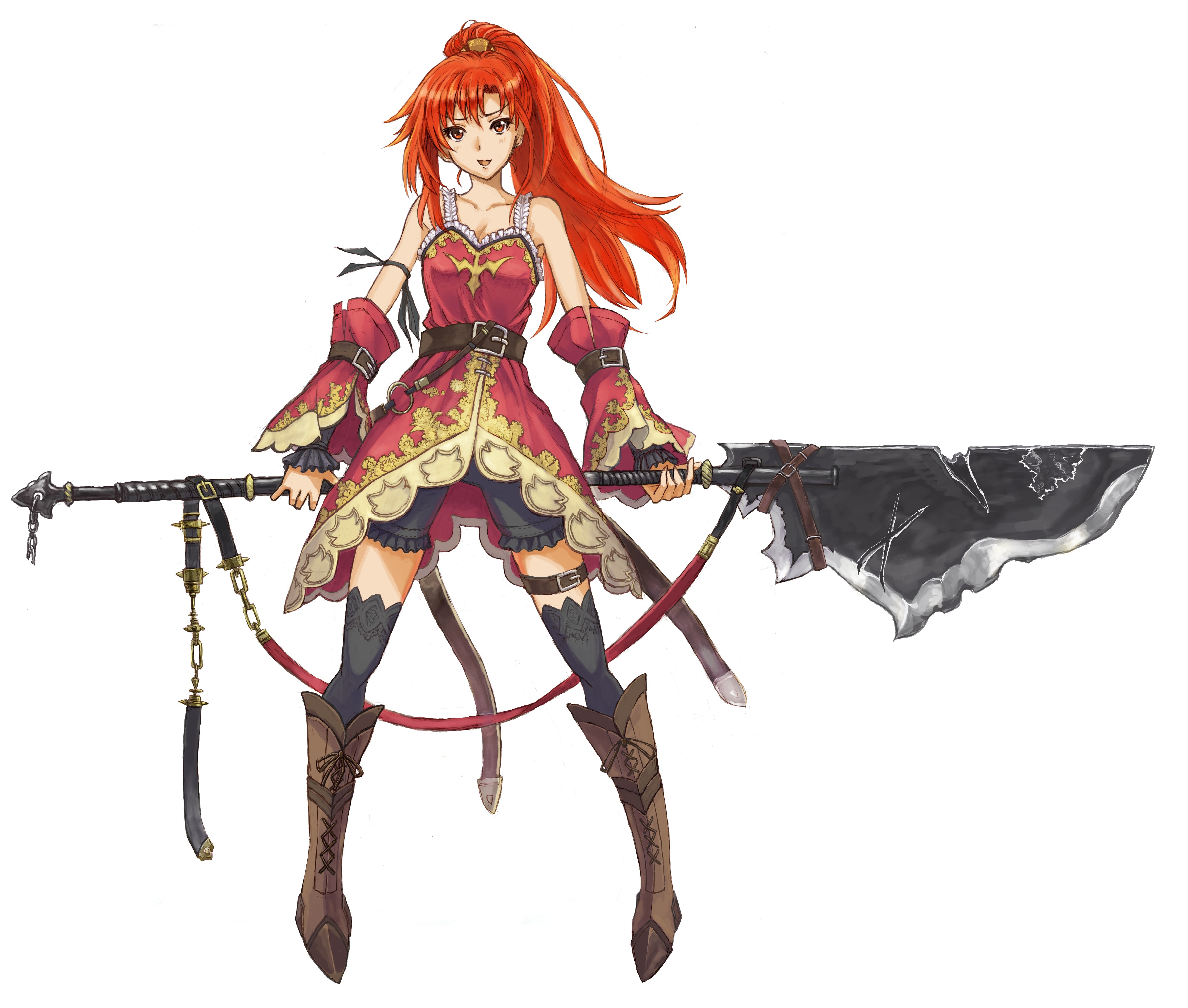 Anime 4823x4093 anime girls redhead original characters ponytail spear simple background standing boots legs white background fantasy art fantasy girl