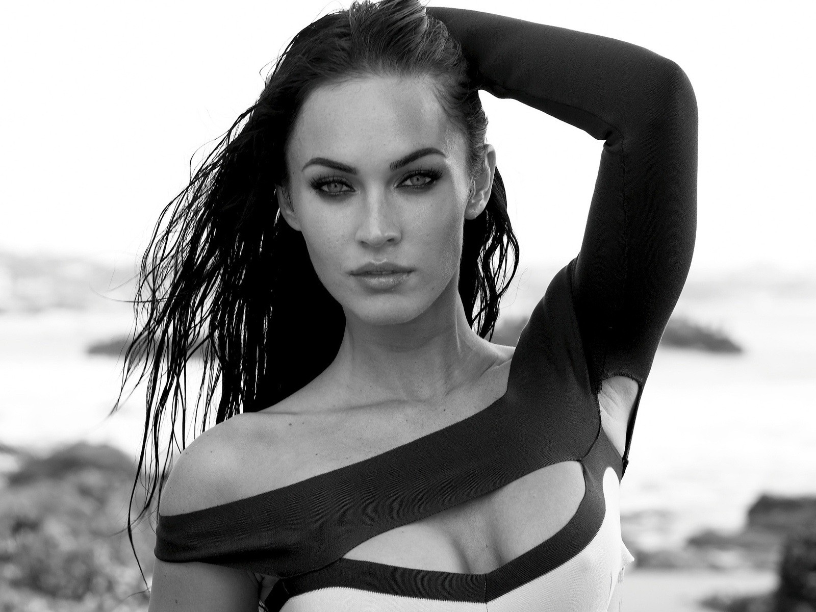 People 1600x1200 Megan Fox monochrome arms up face actress women celebrity looking at viewer women outdoors outdoors