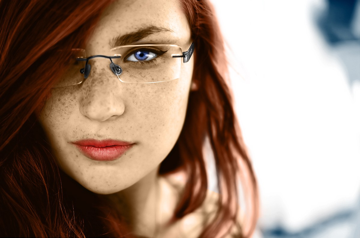 People 1200x795 redhead blue eyes glasses women freckles face women with glasses red lipstick model looking at viewer portrait