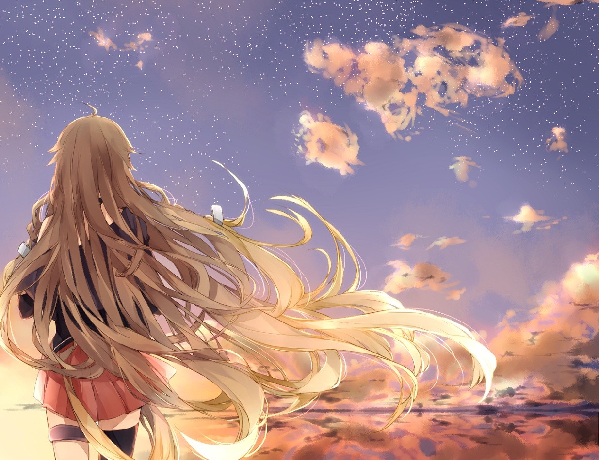 Anime 1235x950 anime girls Vocaloid IA (Vocaloid) long hair anime sky standing women outdoors outdoors brunette windy