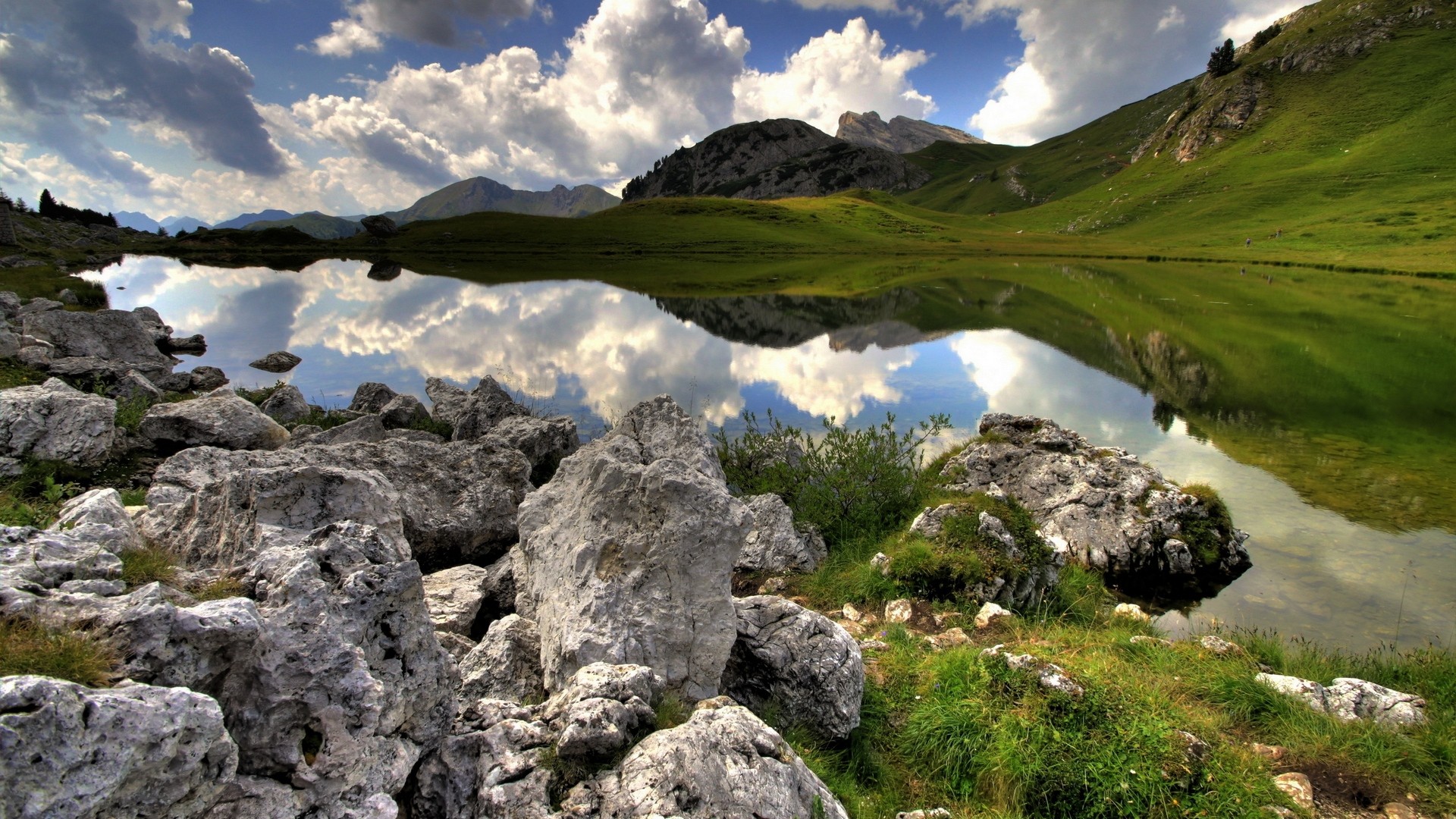 General 1920x1080 nature landscape lake reflection sky clouds mountains rocks