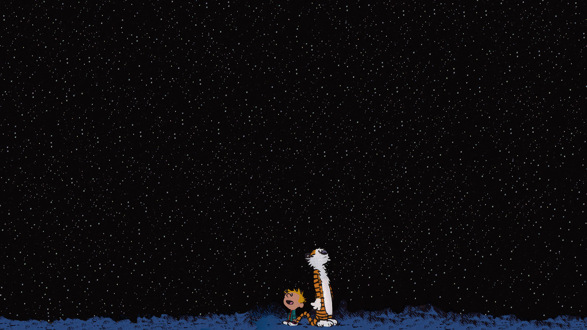 General 1920x1080 Calvin and Hobbes comics artwork cartoon starry night looking up stars