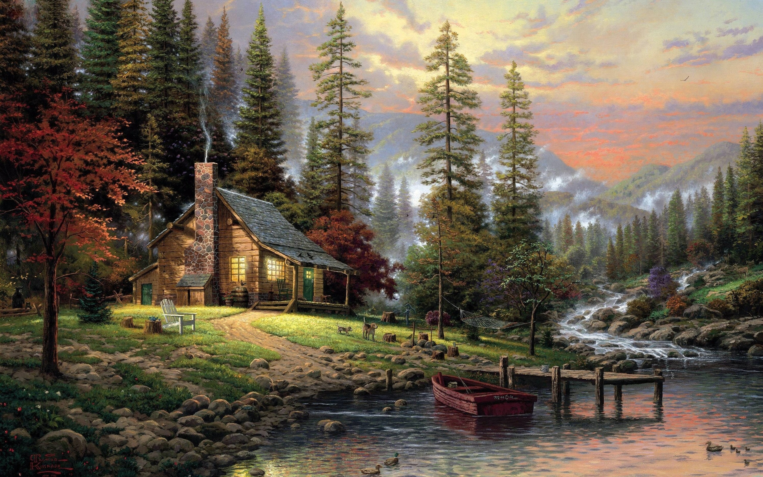 General 2560x1600 mountains nature landscape river painting forest pier boat cottage trees stream stones chair chimneys artwork Thomas Kinkade