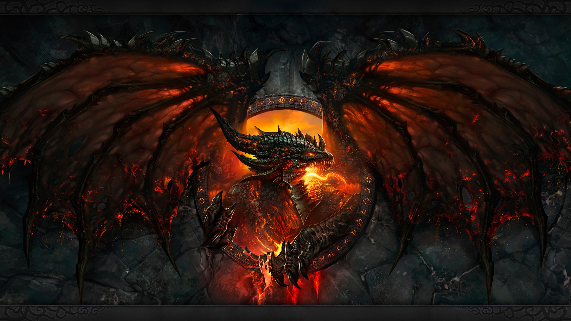 General 1920x1080 World of Warcraft: Cataclysm video games dragon Deathwing World of Warcraft Blizzard Entertainment fire dragon wings wings claws fantasy art face teeth PC gaming video game art artwork creature glowing eyes
