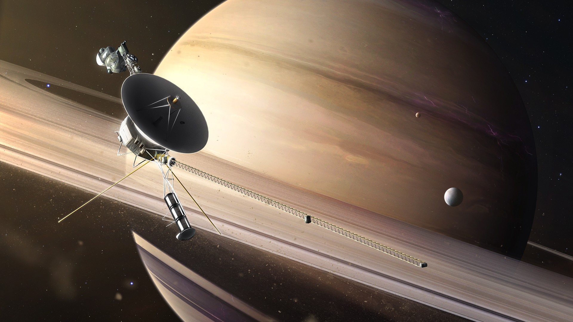 General 1920x1080 digital art CGI space universe planet stars Saturn satellite Moon technology Voyager
