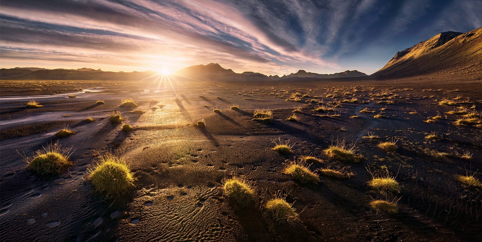 General 1600x803 sunset mountains desert clouds grass nature landscape Iceland nordic landscapes 500px