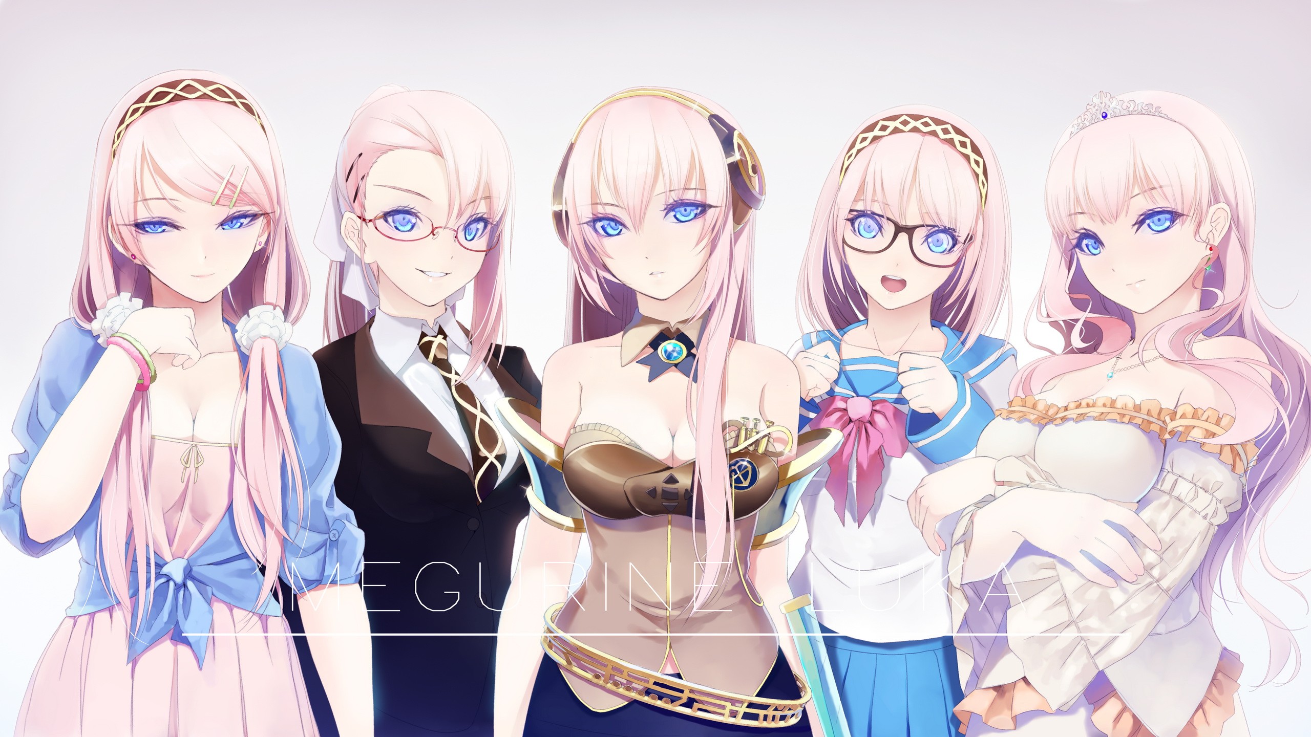 Anime 2560x1440 Megurine Luka suits princess school uniform anime girls women blue eyes glasses pink hair headphones tiaras headband Vocaloid okingjo group of women white background simple background women with glasses looking at viewer line-up