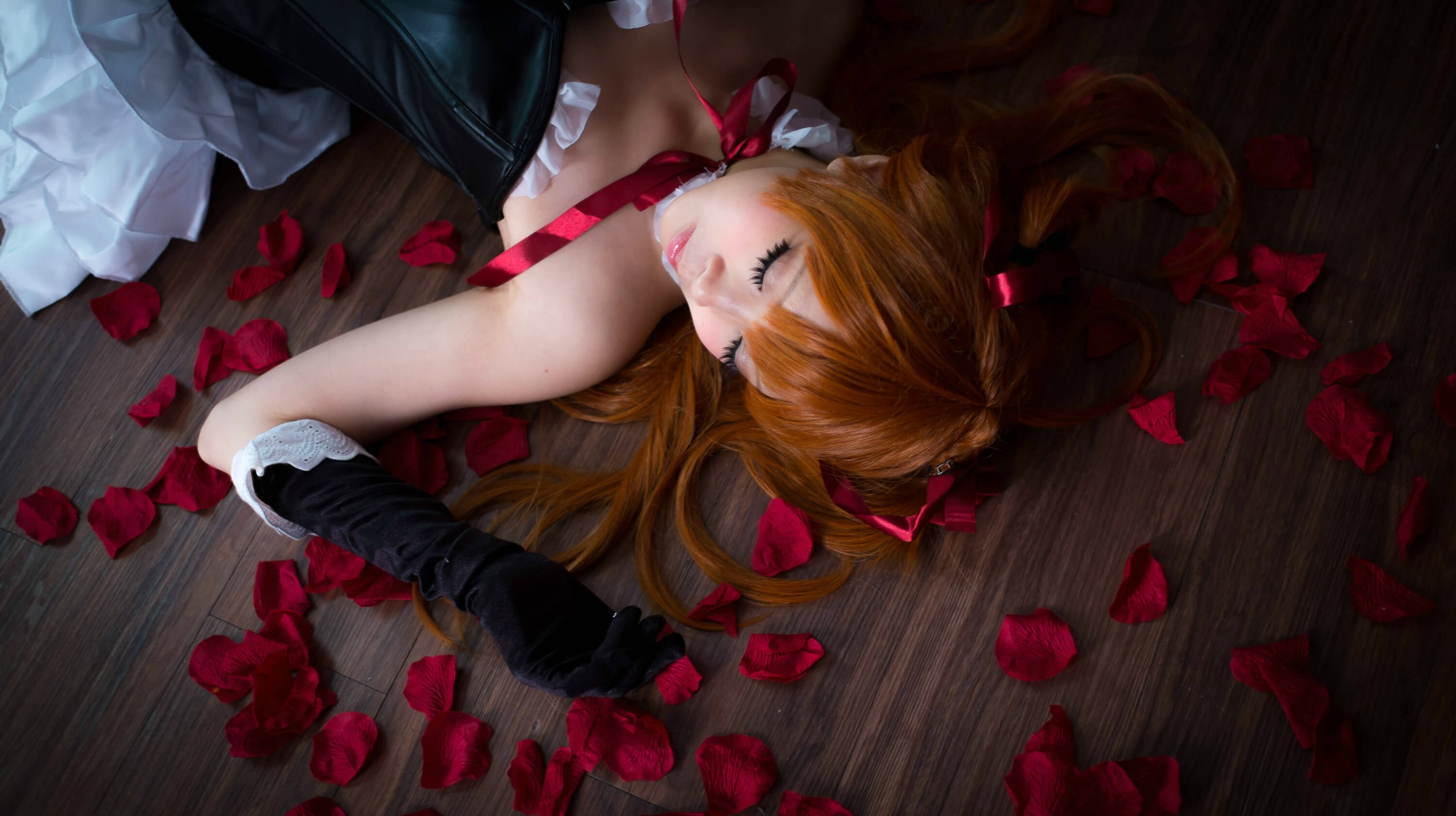 People 3000x1682 women model redhead long hair Asian closed eyes lying on back on the floor maid bare shoulders wooden surface ribbon skirt petals Asuka Langley Soryu women indoors indoors makeup