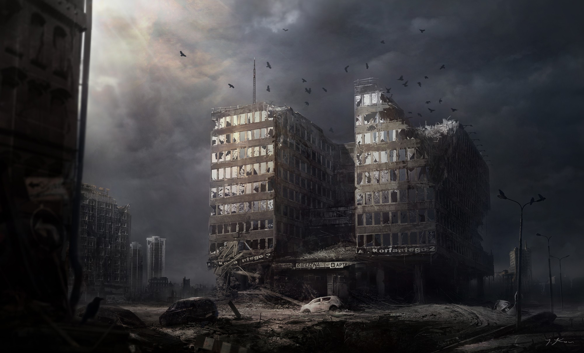 General 2000x1210 apocalyptic futuristic ruins digital art birds artwork sky clouds sunlight signature