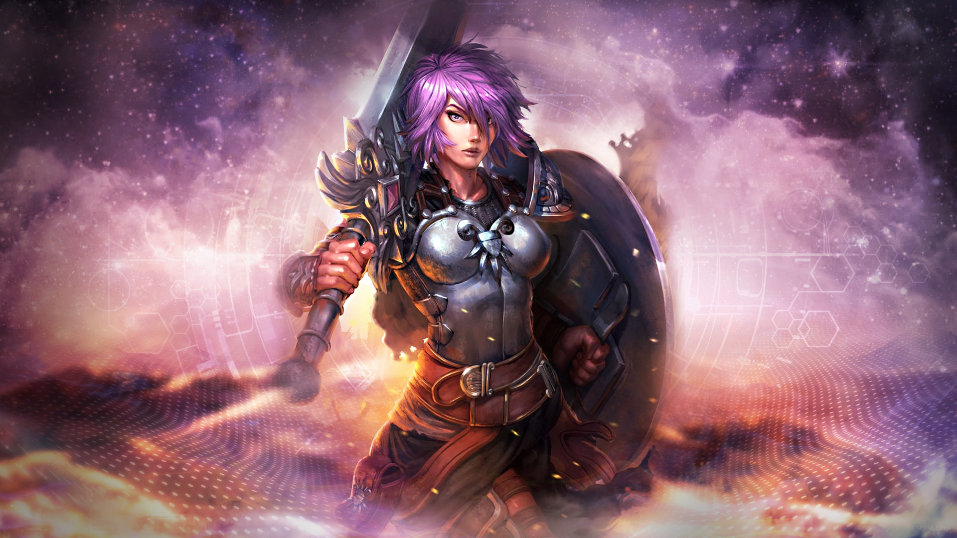 General 1920x1080 Smite 2014 (Year) video games sword fantasy art fantasy girl armor video game girls women with swords shield purple hair looking at viewer