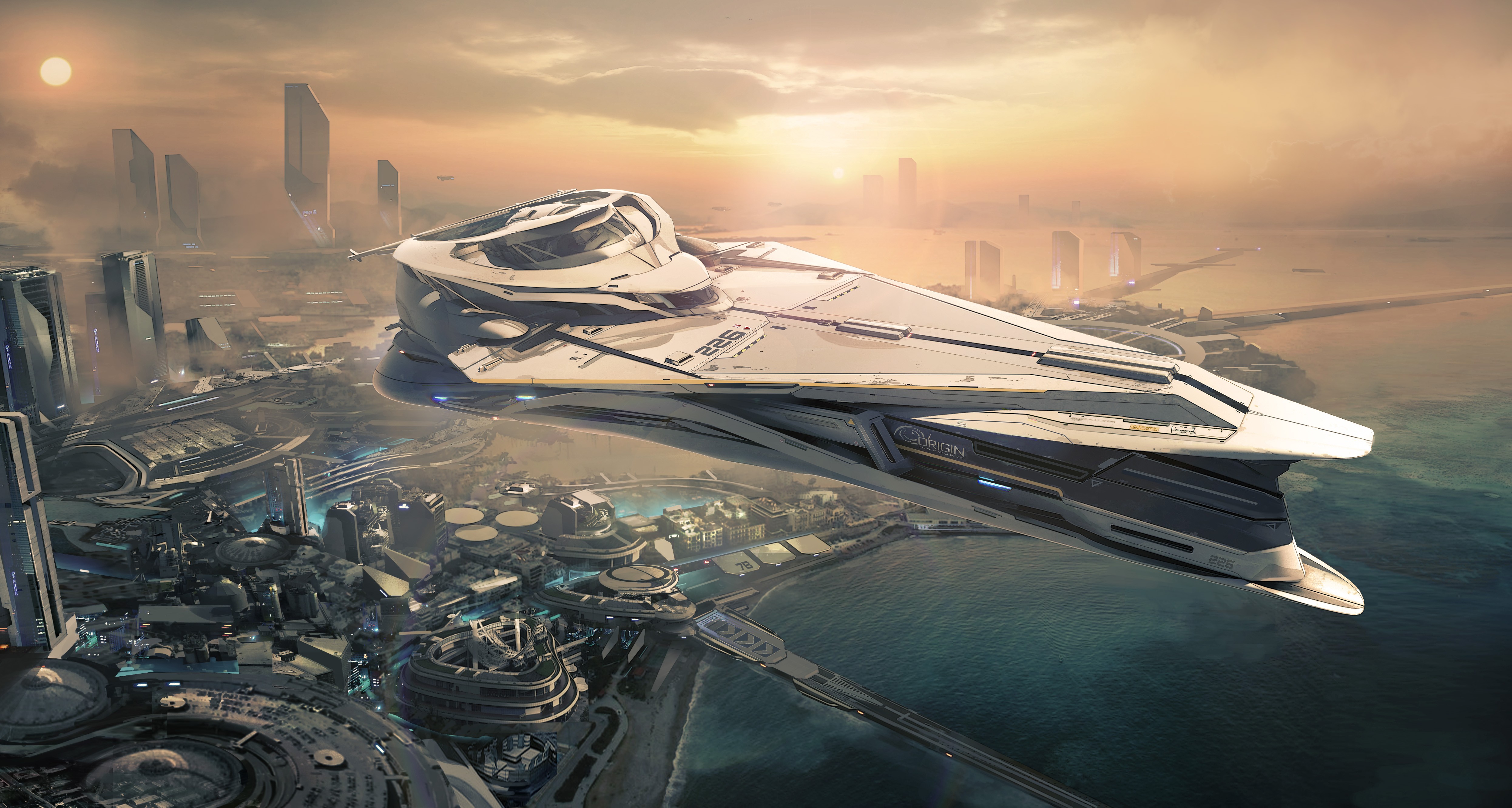 General 4984x2663 concept art spaceship science fiction vehicle PC gaming video games video game art water sunlight clouds sky futuristic city futuristic