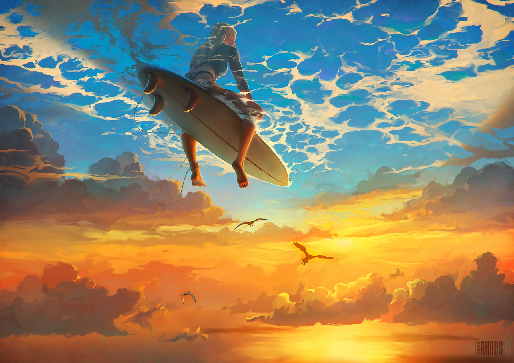 General 1800x1272 fantasy art artwork surfing surfboards women water clouds sky blue sunlight
