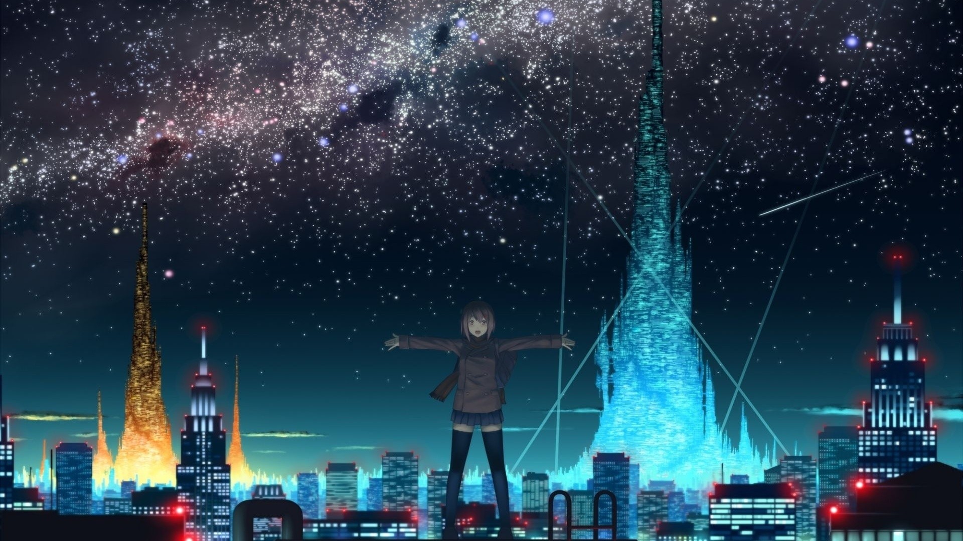 Anime 1920x1080 anime anime girls cityscape night sky city sky stars standing stockings