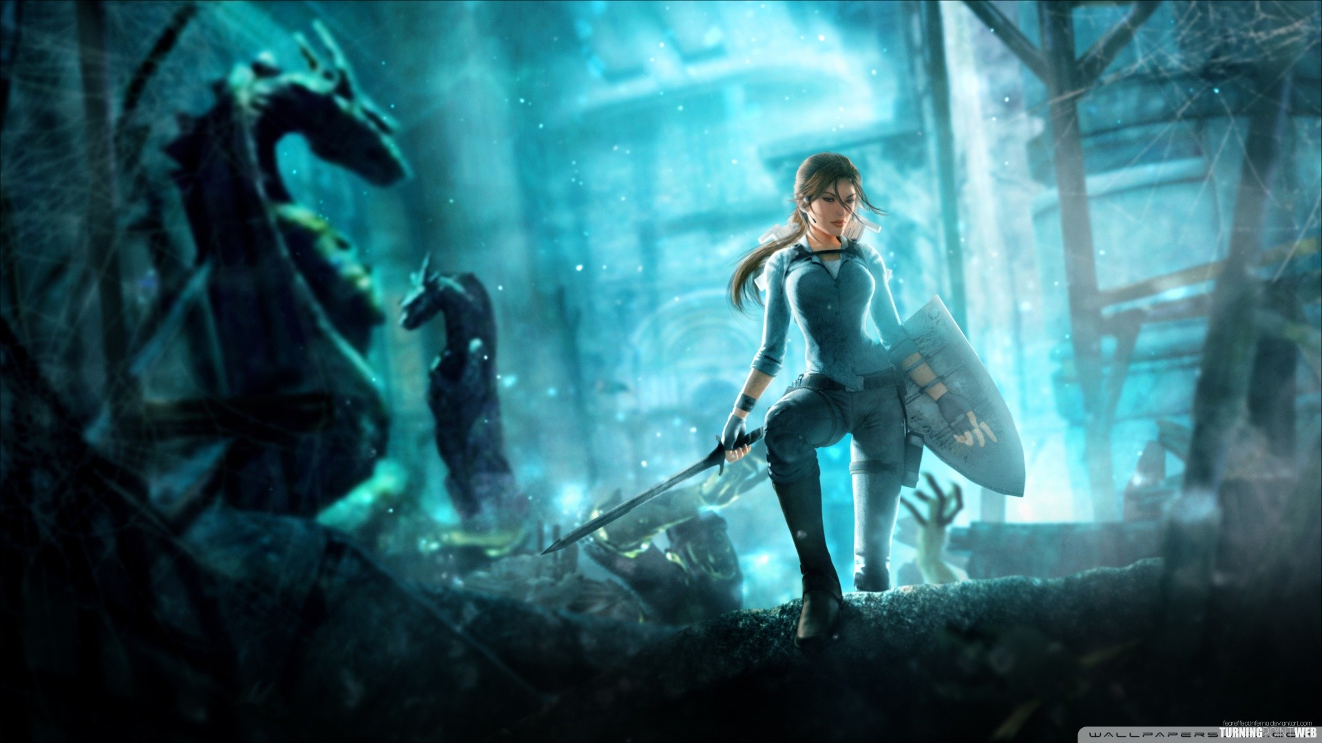 General 1920x1080 Tomb Raider video game art video games Video Game Heroes cyan women with swords shield sword video game girls Lara Croft (Tomb Raider) video game characters