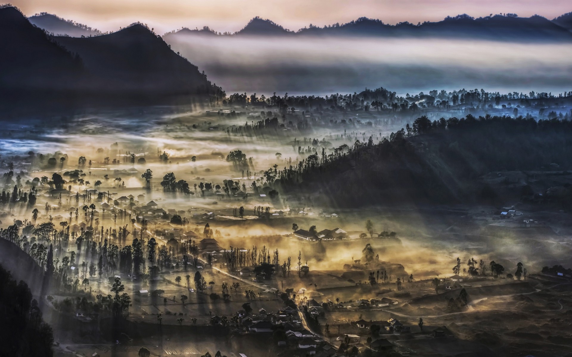General 1920x1200 nature landscape morning valley mountains village mist Indonesia Asia