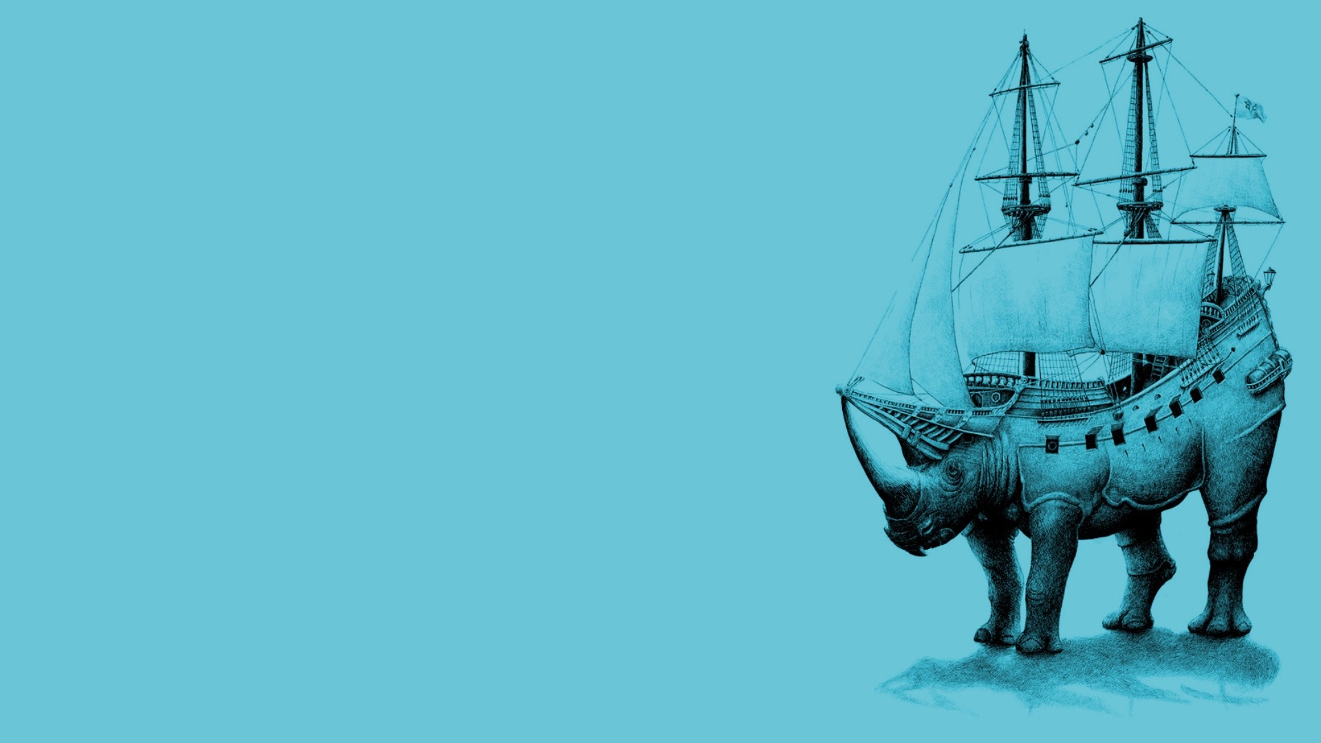 General 1920x1080 artwork fantasy art sailing ship ship cyan cyan background animals rhino simple background rigging (ship)