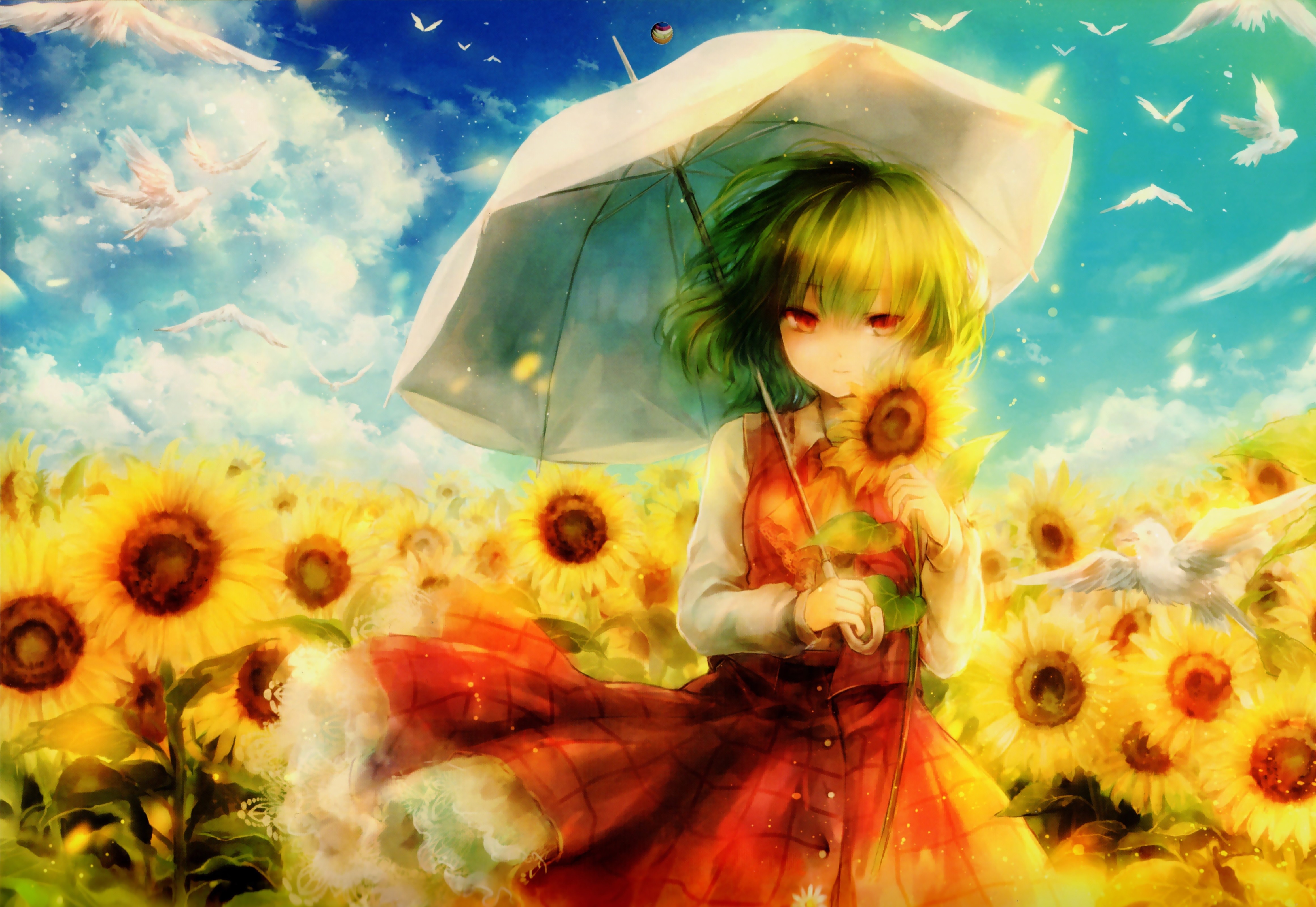 Anime 4644x3204 anime girls Touhou Kazami Yuuka sunflowers anime umbrella women with umbrella flowers women outdoors red eyes red dress standing sky clouds