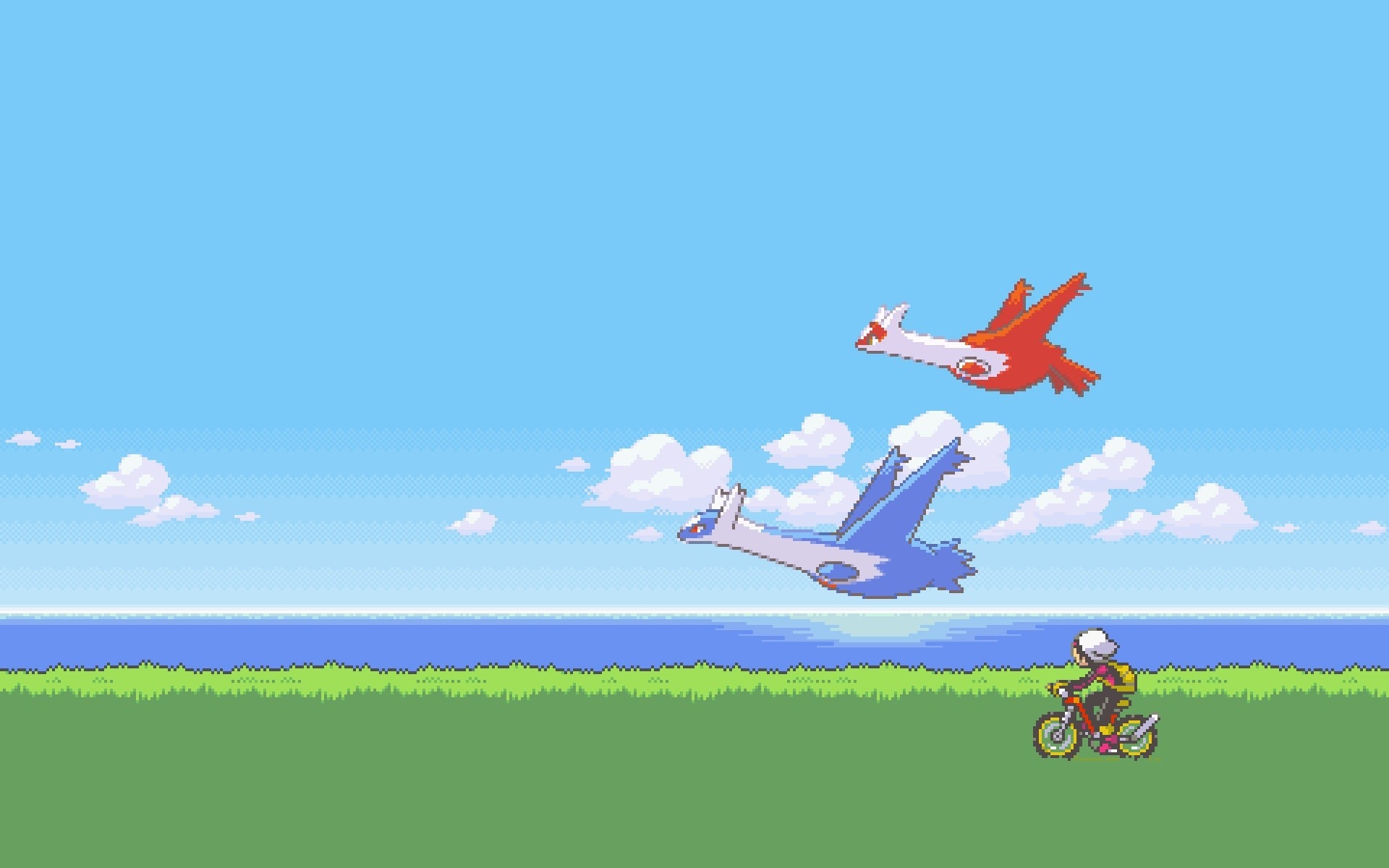 Anime 1920x1200 Pokémon anime pixel art pixels video games clouds sky water bicycle grass hat Latios Latias