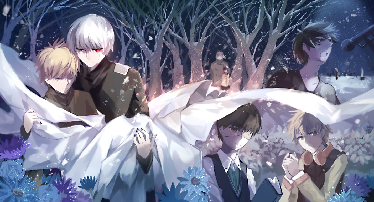 Anime 1424x768 anime vectors Tokyo Ghoul anime boys holding hands eyepatches trees snow anime