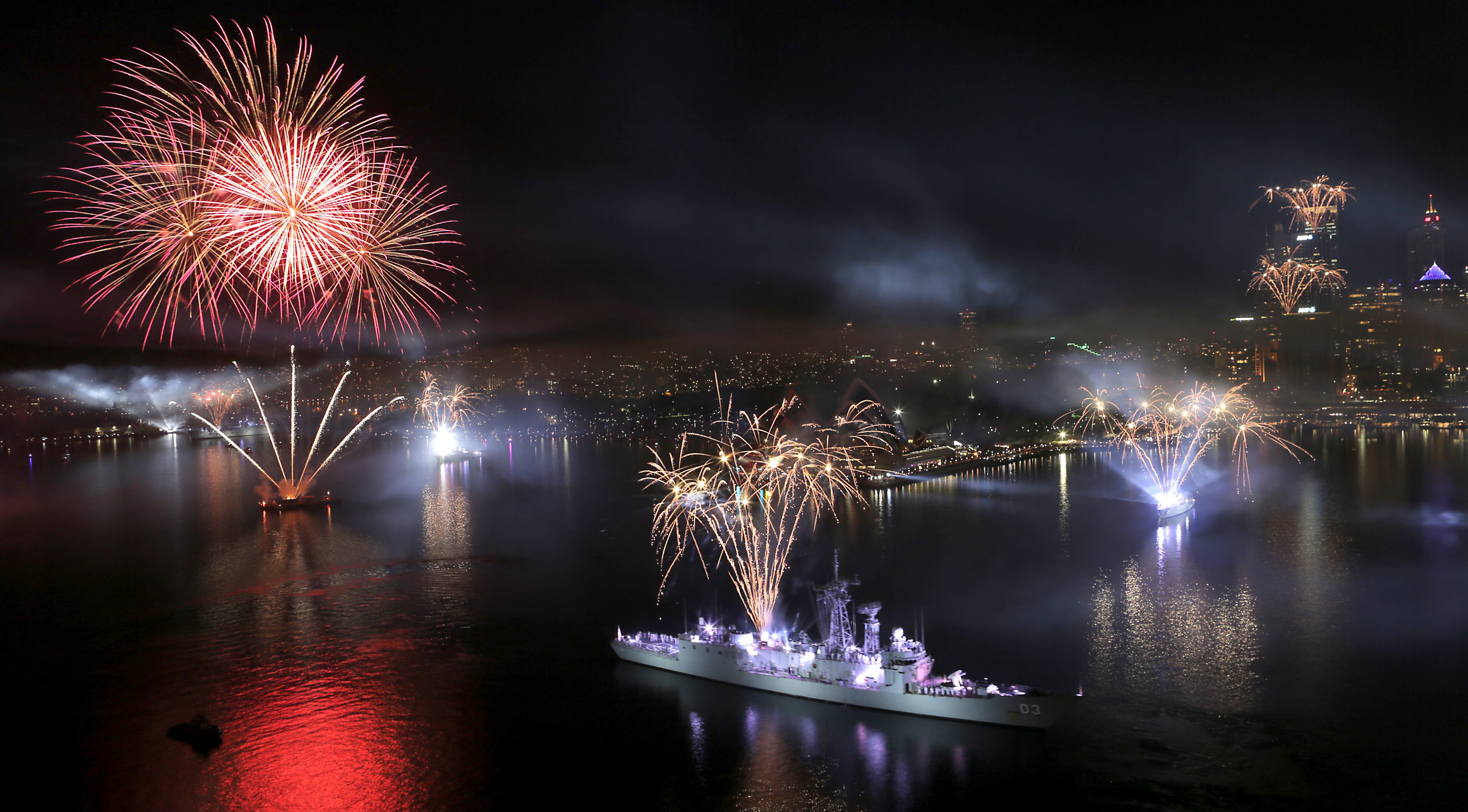 General 3600x1992 explosion fireworks night Sydney warship vehicle Australia cityscape
