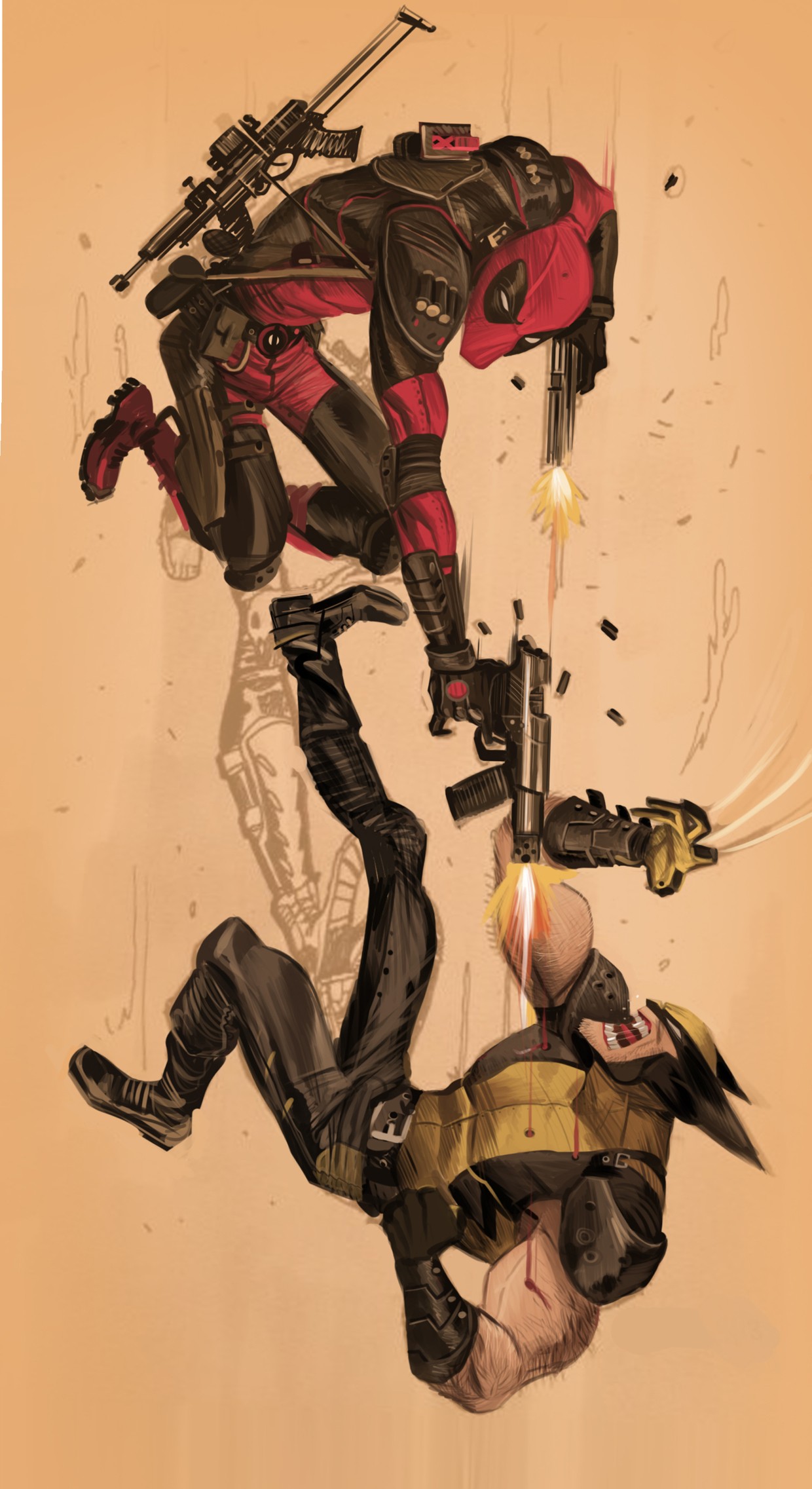 Anime 1240x2273 Wolverine Deadpool artwork antiheroes gun weapon simple background X-Men comics comic art