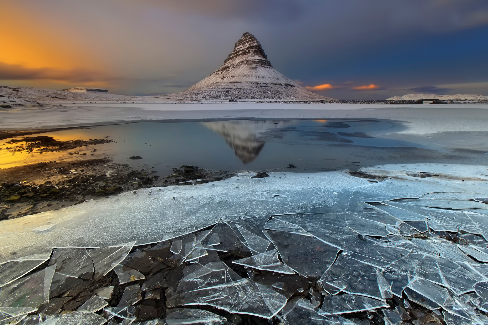 General 2048x1365 nature landscape mountains Iceland snow winter ice water sunset clouds reflection Kirkjufell nordic landscapes