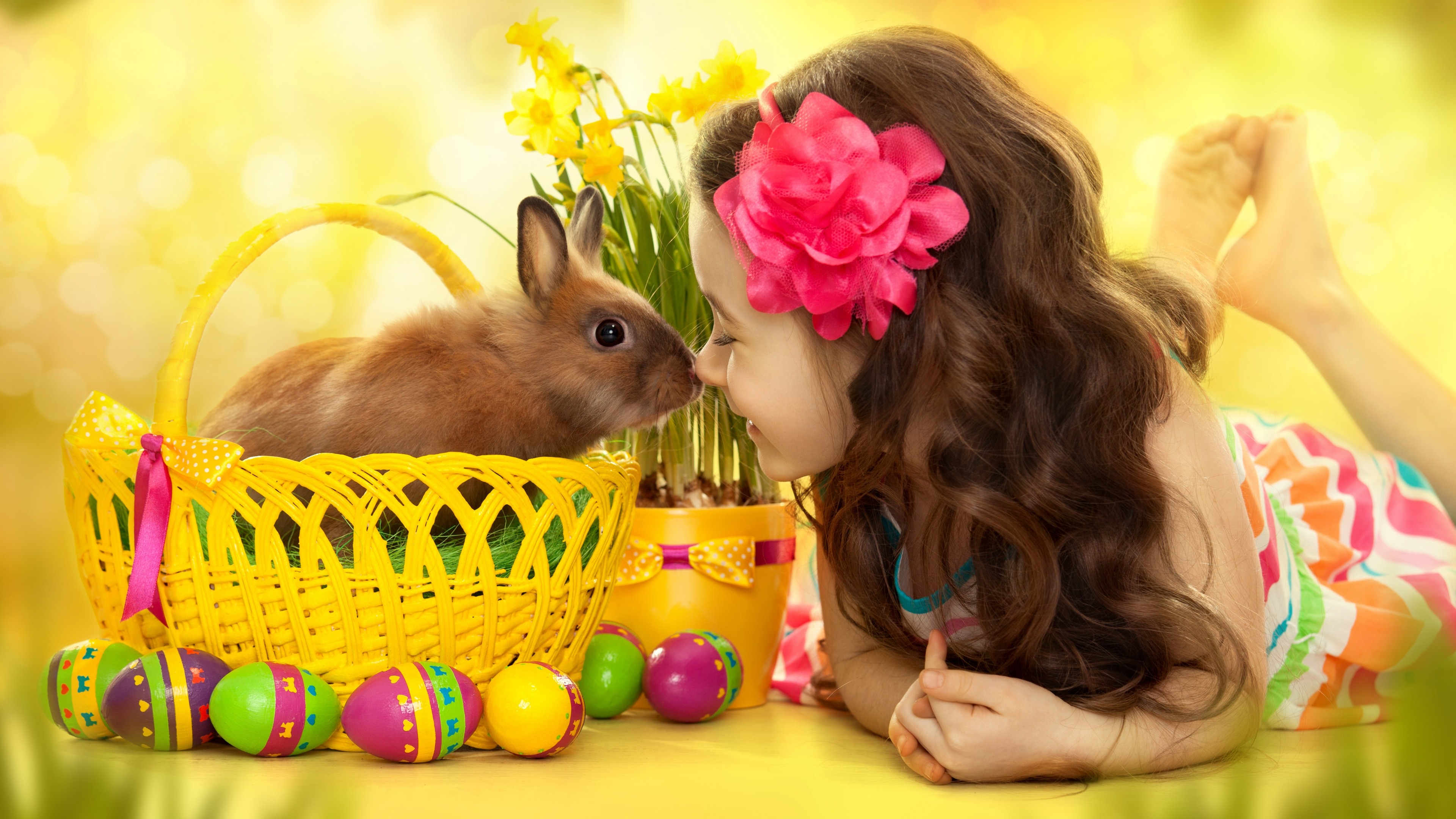 People 3840x2160 children baskets eggs flower in hair barefoot rabbits daffodils Easter easter eggs mammals