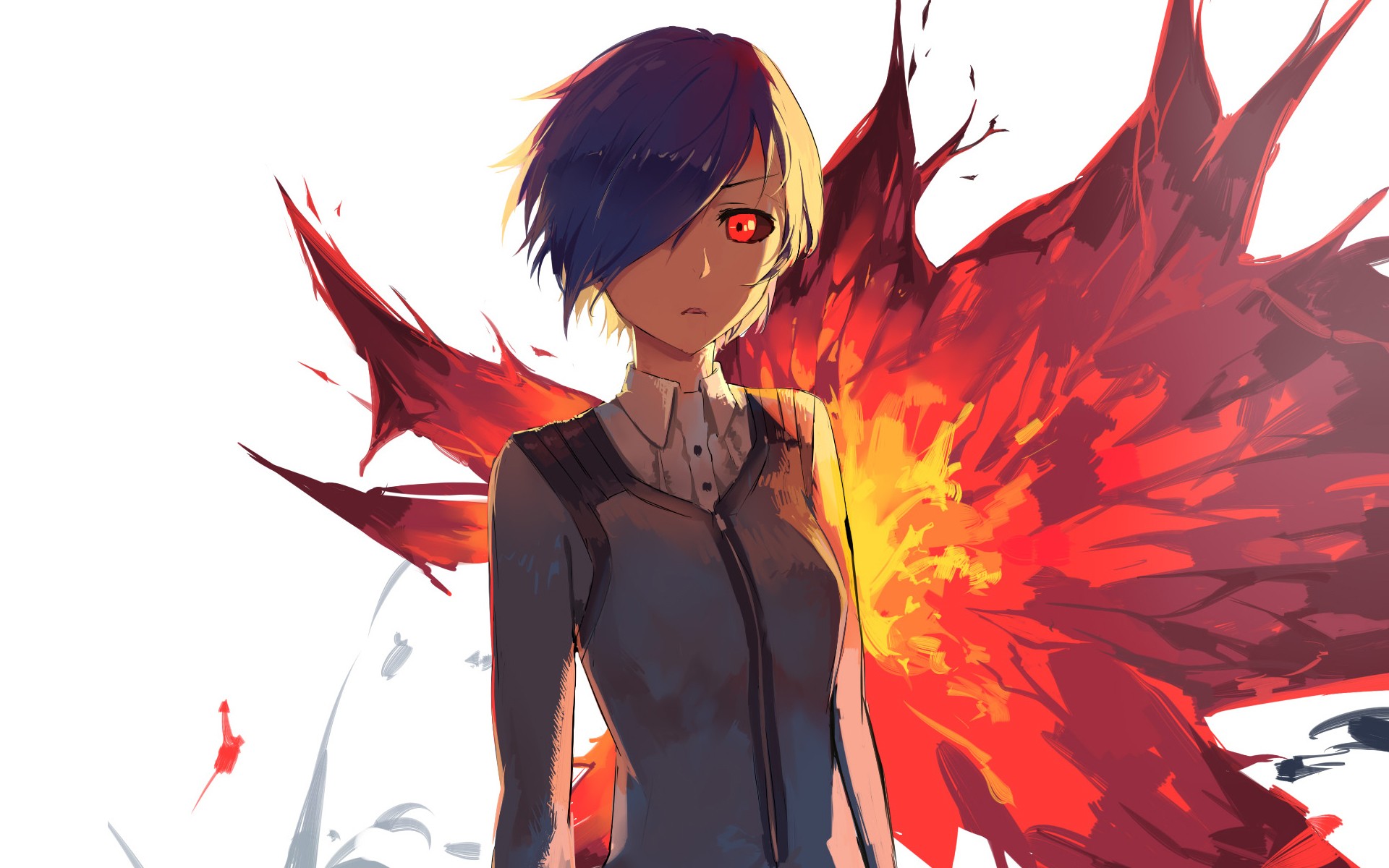 Anime 1920x1200 Tokyo Ghoul Kirishima Touka anime girls anime red eyes hair over one eye hair in face simple background white background standing looking at viewer