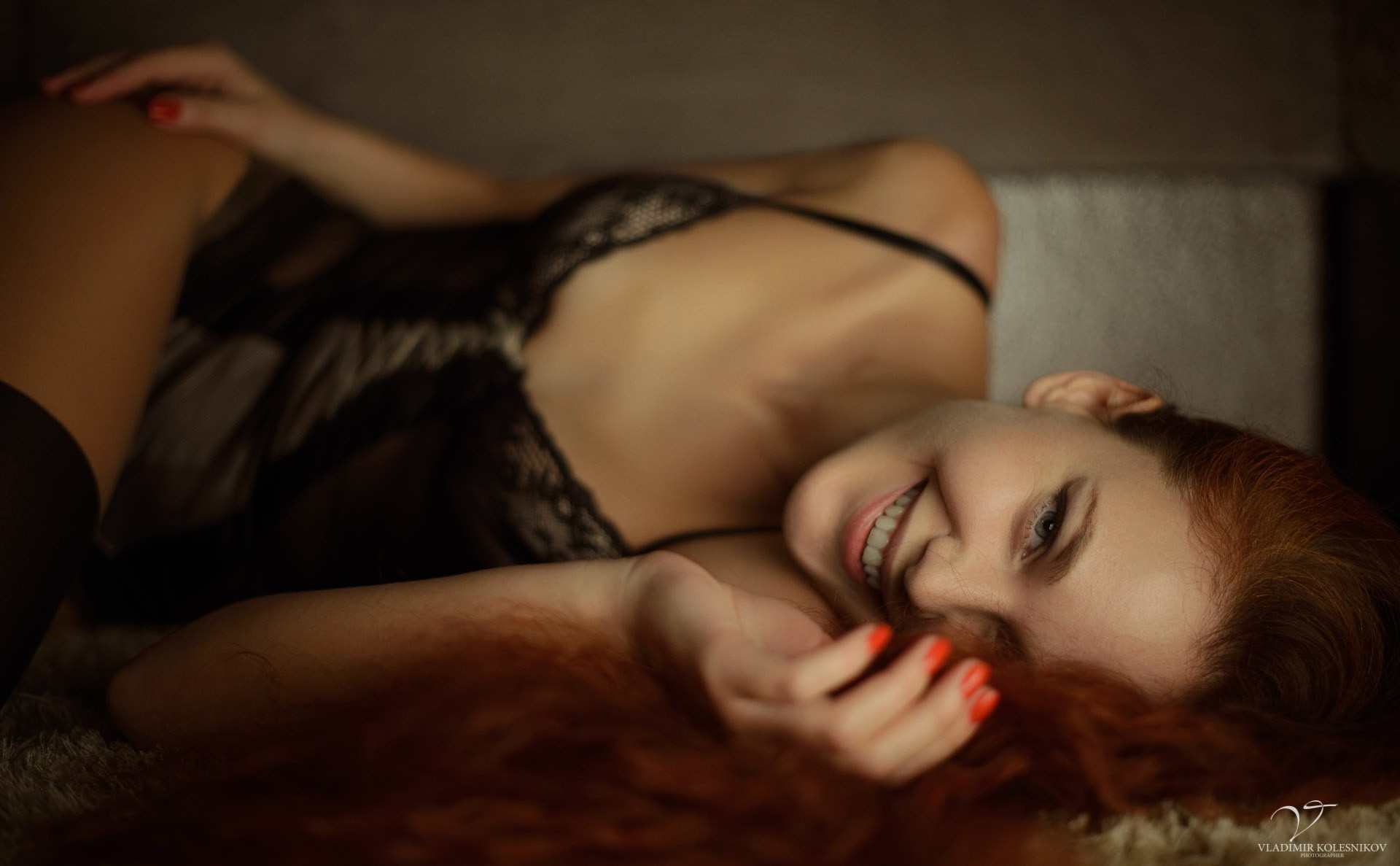 People 1920x1187 women model redhead black lingerie stockings smiling in bed lingerie blue eyes knee-highs red nails lying on side women indoors indoors painted nails underwear black underwear