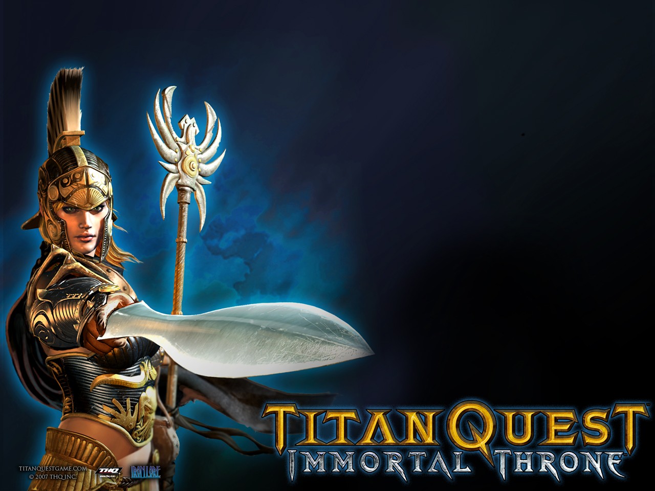 General 1280x960 video games Titan Quest fantasy art PC gaming 2007 (Year) armor staff sword weapon video game girls women with swords blue background
