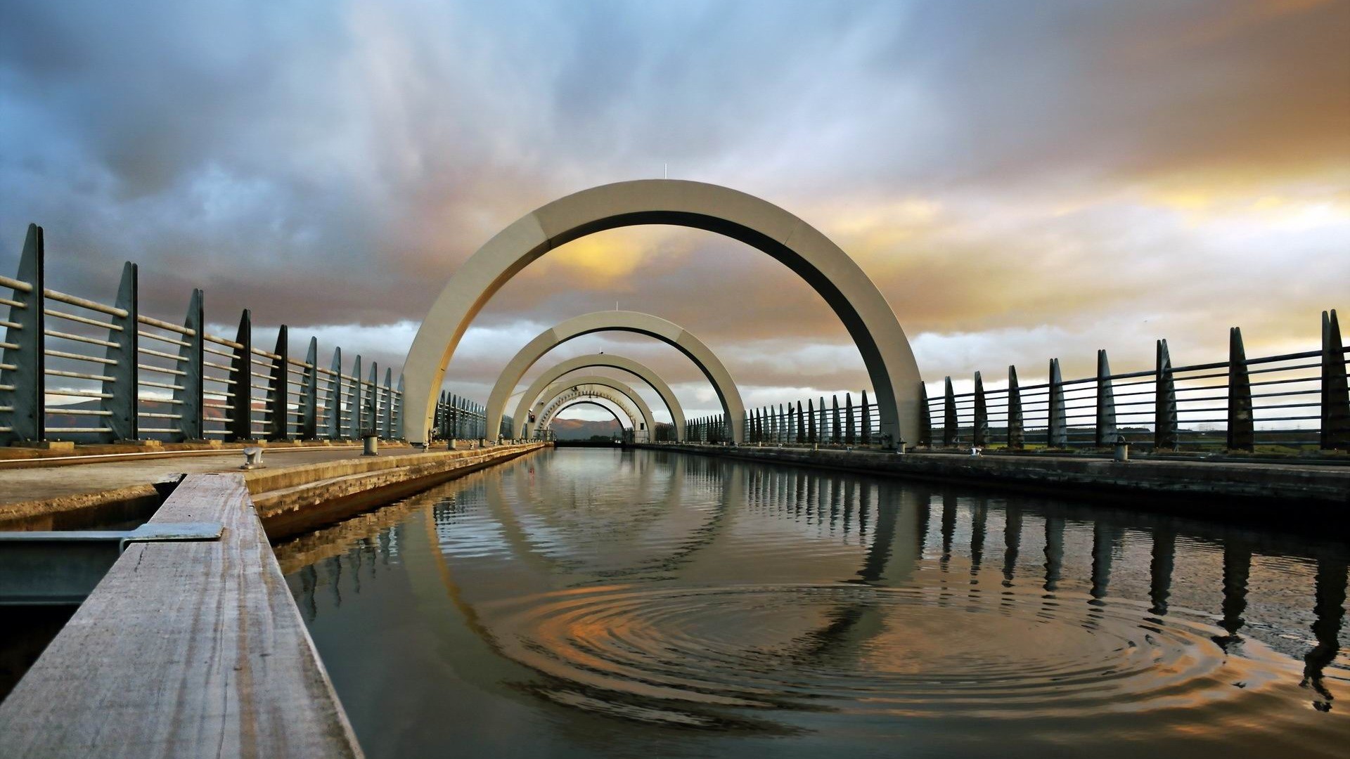 General 1920x1080 architecture water canal wheels Falkirk Wheel Scotland UK reflection fence clouds arch ripples