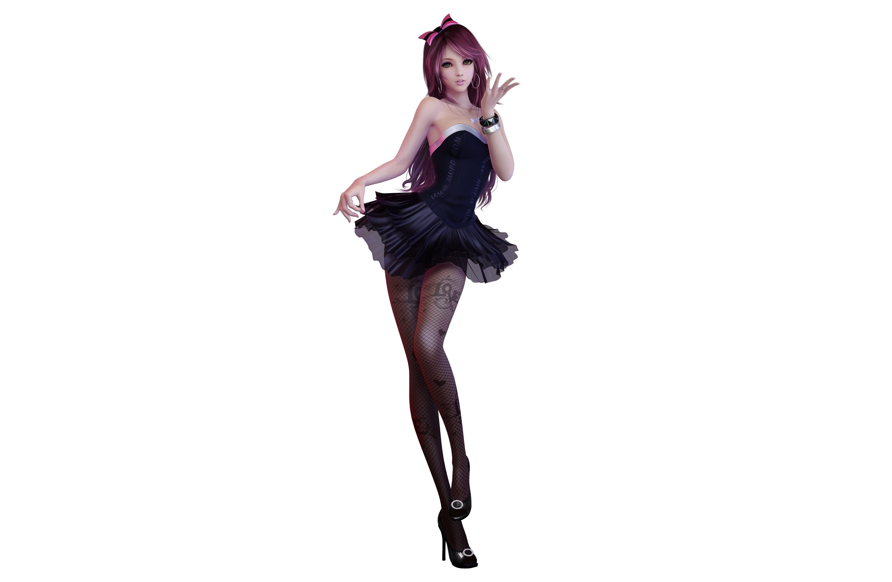 Anime 3600x2348 anime girls anime simple background white background legs fishnet pantyhose dress minidress bare shoulders purple hair women