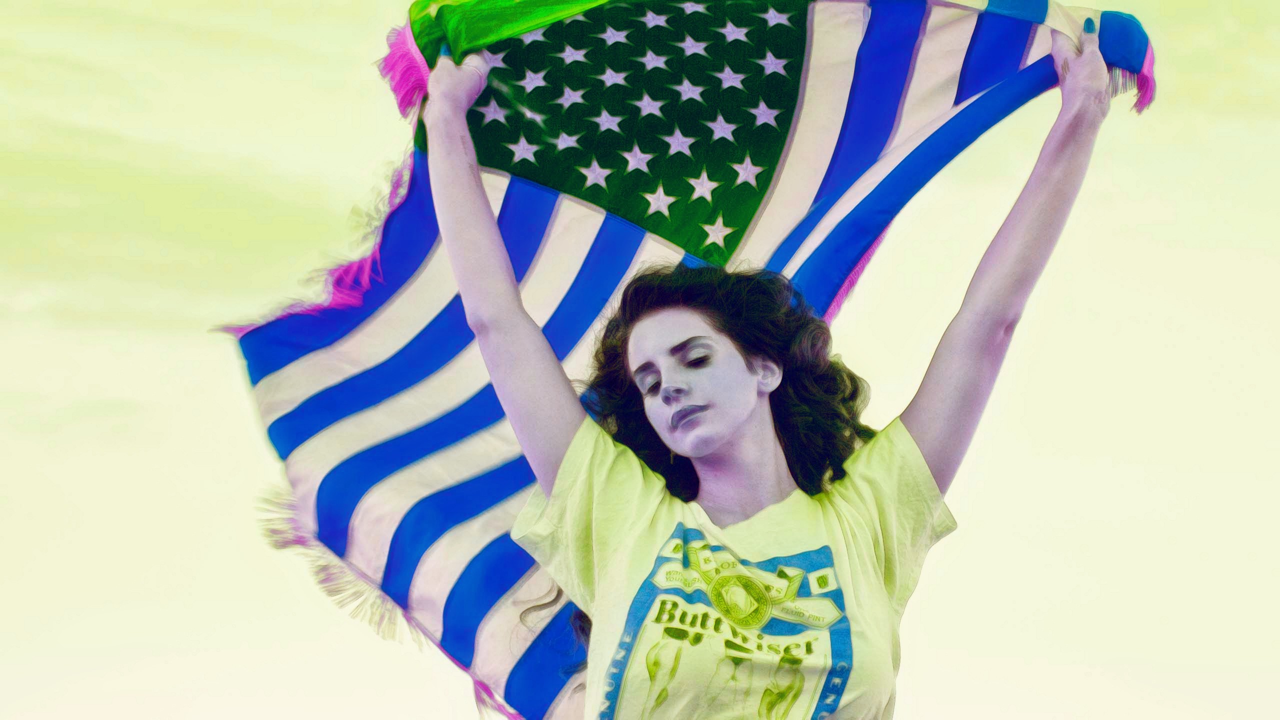 People 2560x1440 Lana Del Rey flag women T-shirt photo manipulation arms up simple background American flag color correction