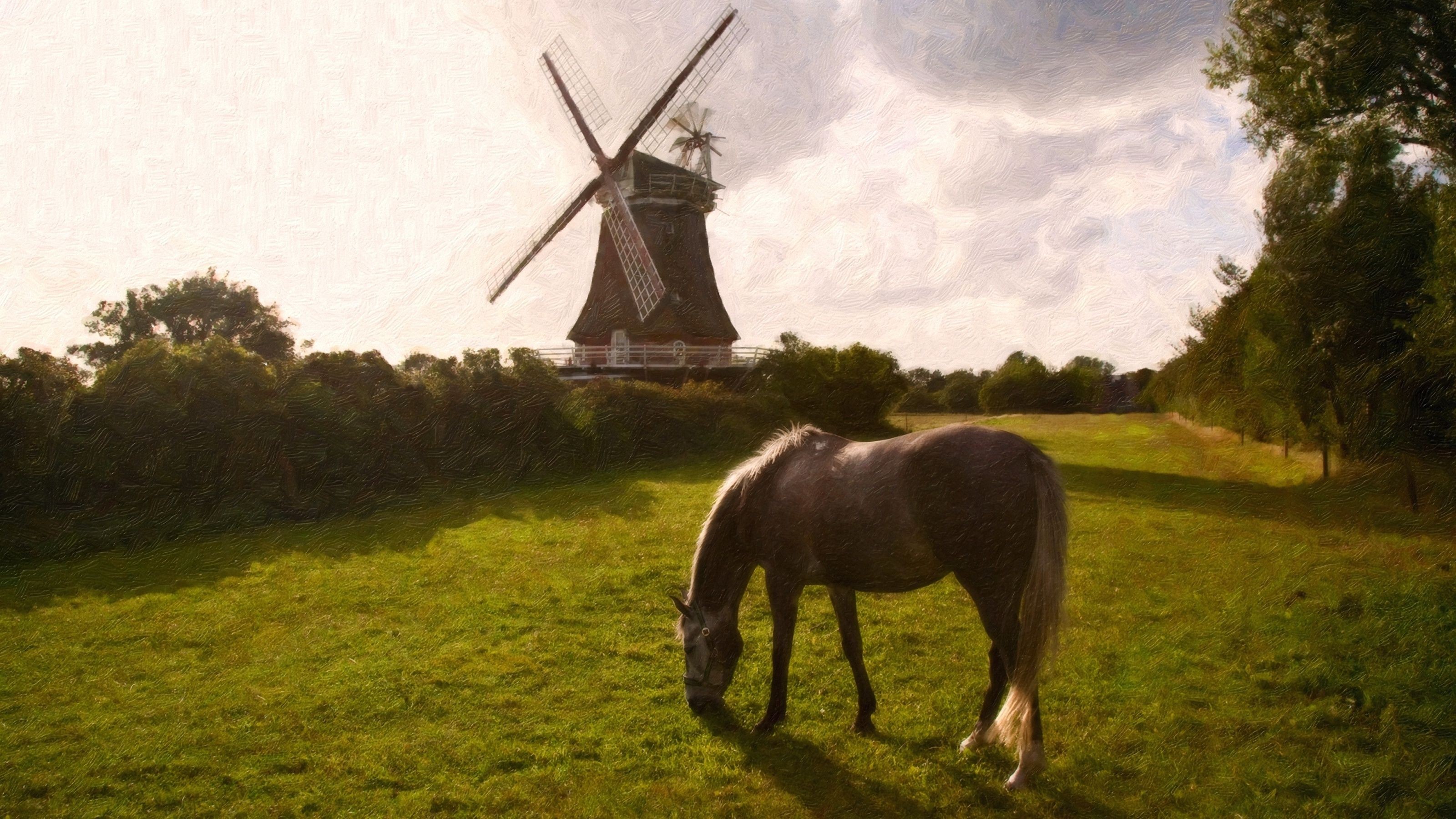 General 3200x1800 oil painting windmill horse landscape animals mammals painting artwork outdoors