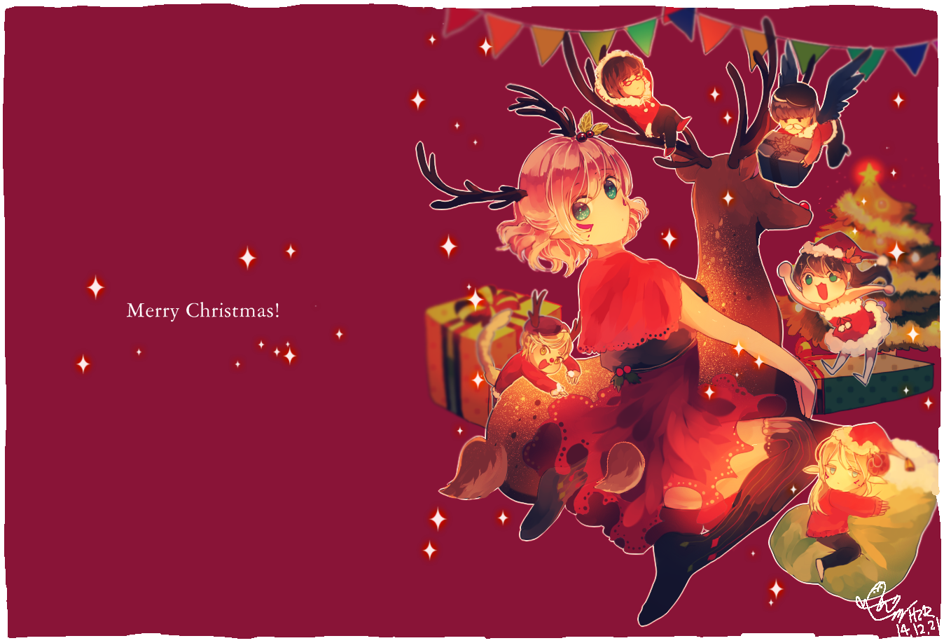 Anime 1348x918 Christmas anime anime girls red background simple background holiday aqua eyes Pixiv pink hair kneeling stockings