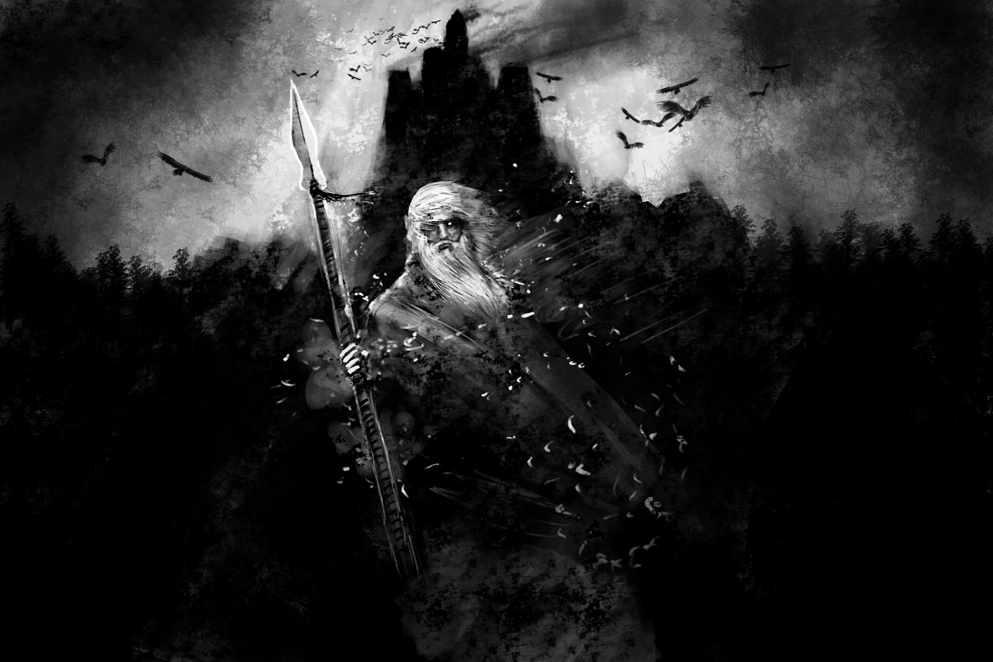 General 1943x1296 painting Vikings Odin Gungnir raven digital art monochrome