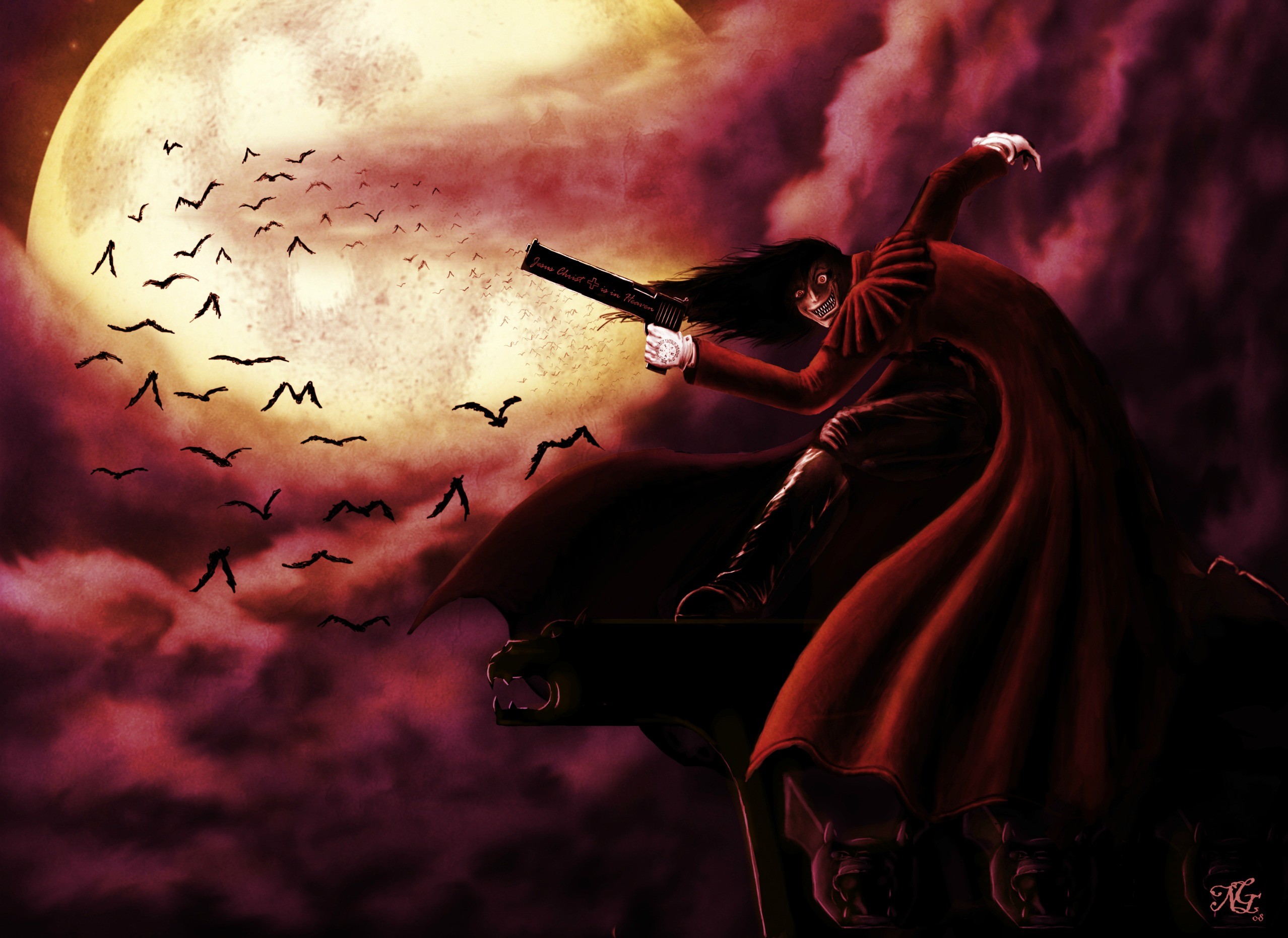 Anime 2556x1861 Hellsing Alucard anime bats Moon animals sky clouds dark gun weapon