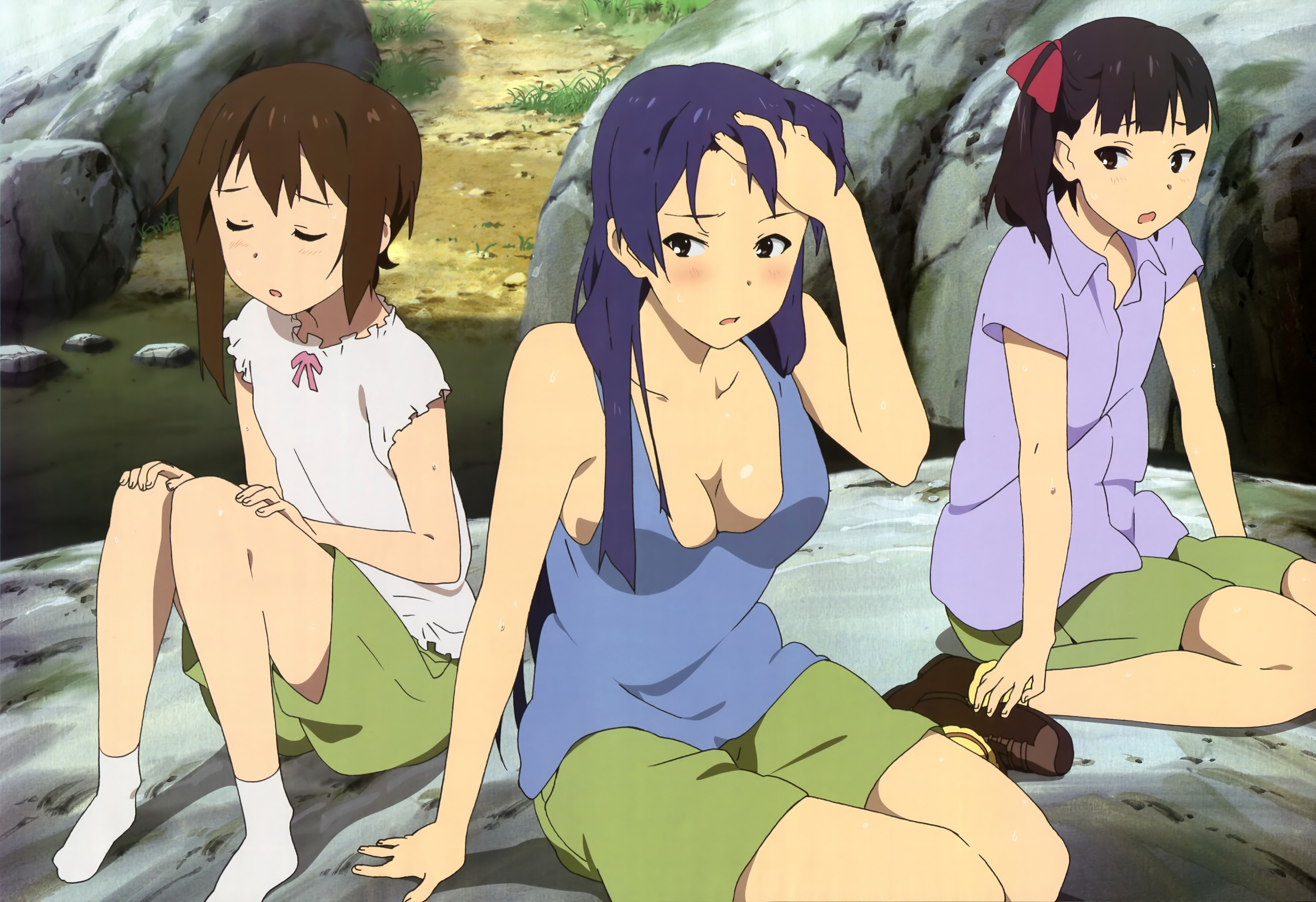 Anime 5971x4095 sitting anime girls legs leg up Sora no Woto women trio boobs brunette purple hair dark hair cleavage