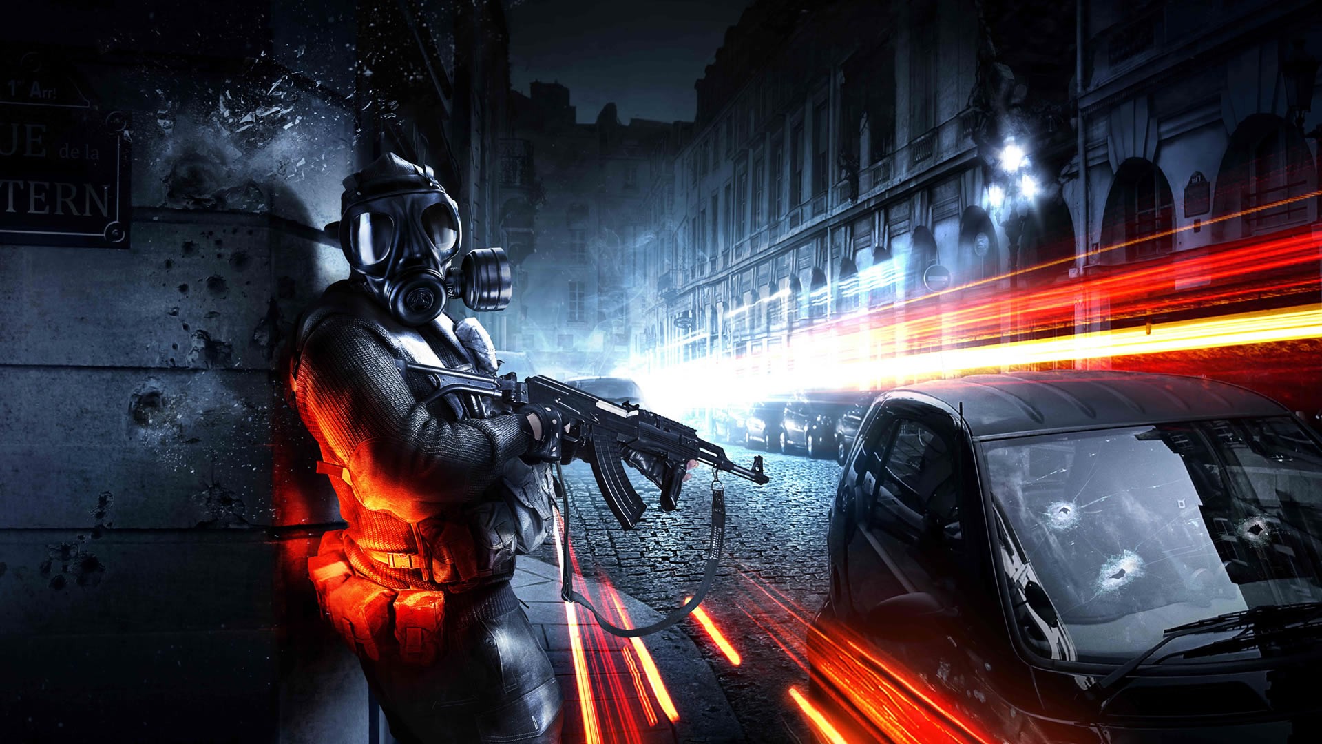 General 1920x1080 gas masks video game art machine gun PC gaming car vehicle street bullet holes Battlefield 3