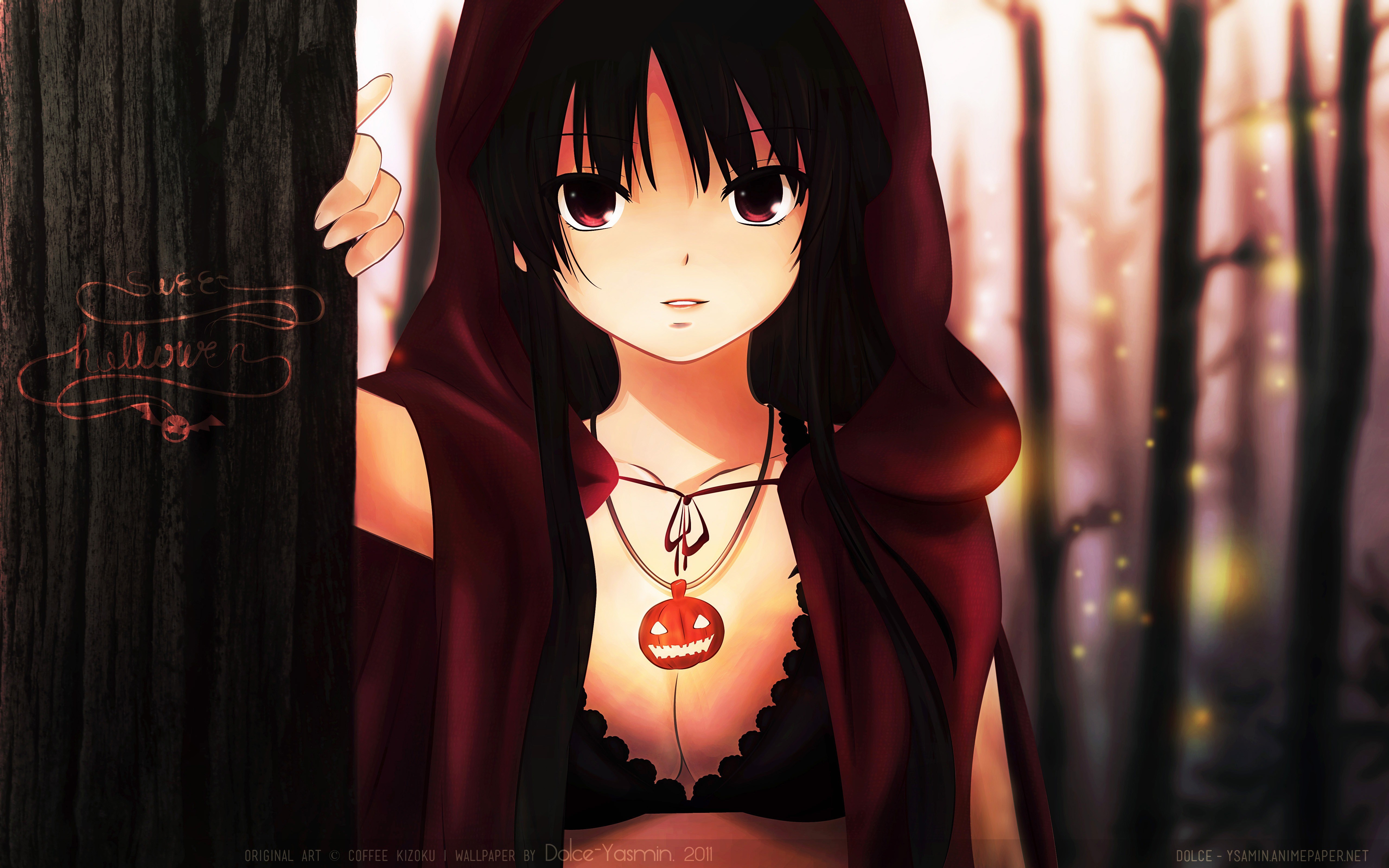 Anime 5120x3200 anime girls anime bra boobs necklace Halloween red eyes dark hair cleavage Coffee-Kizoku