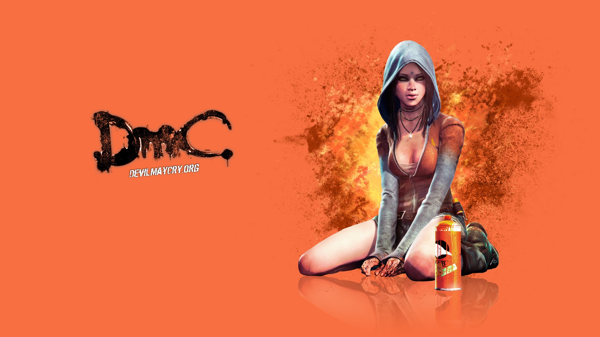 General 1920x1080 Kat video games DmC: Devil May Cry video game girls orange background hoods simple background video game art kneeling necklace cleavage