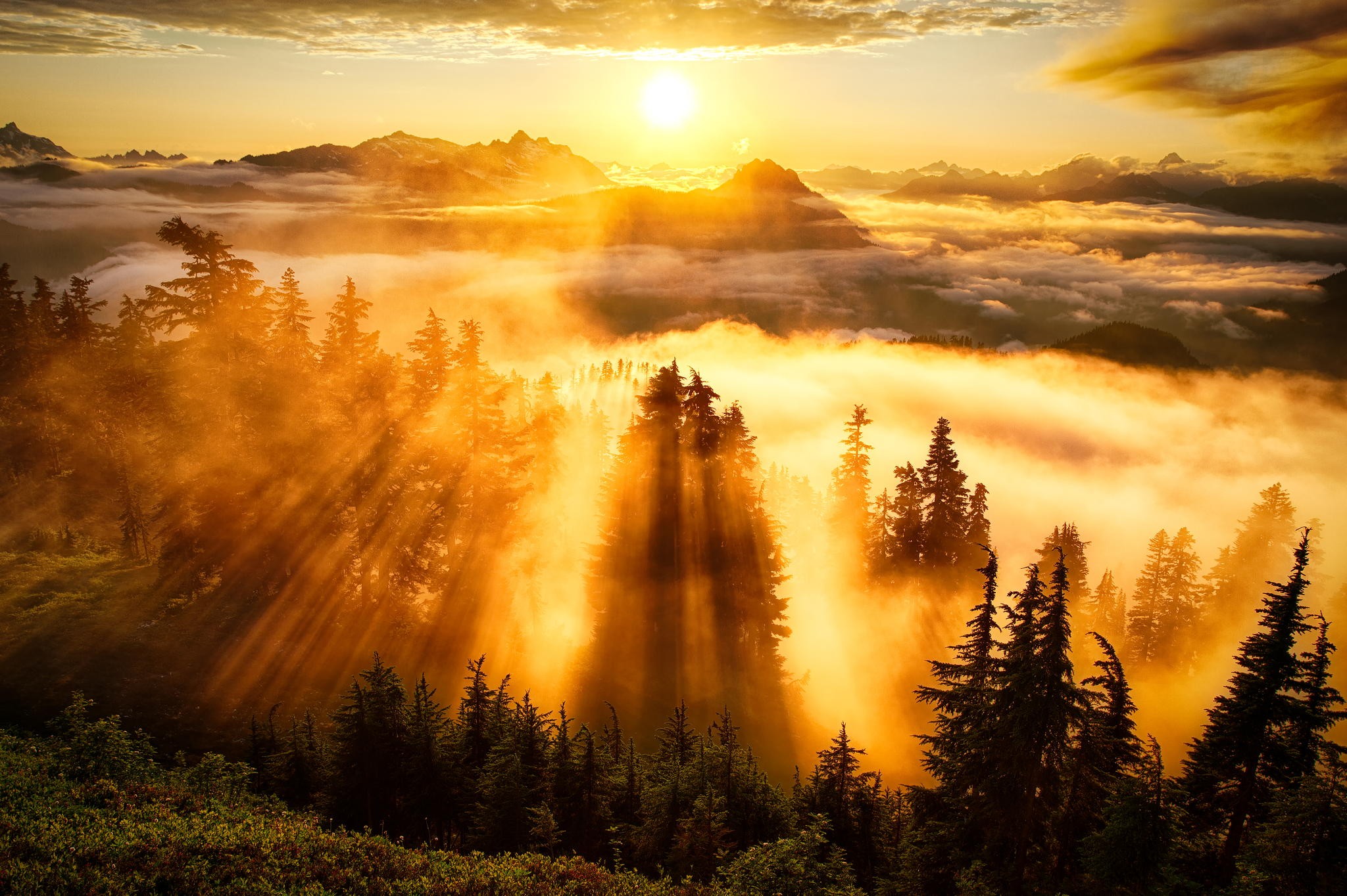 General 2048x1364 landscape sun rays forest mountains clouds nature sunlight trees crepuscular rays